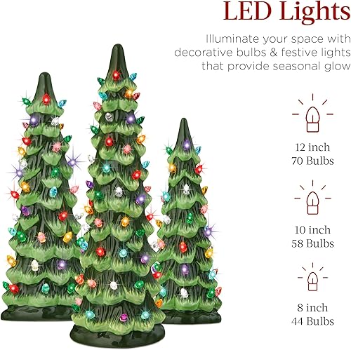 Miniatura 3 de Best Choice Products Juego de 3 árboles de Navidad de cerámica, decoración navideña de mesa pintada a mano con bombillas multicolor, luces LED que