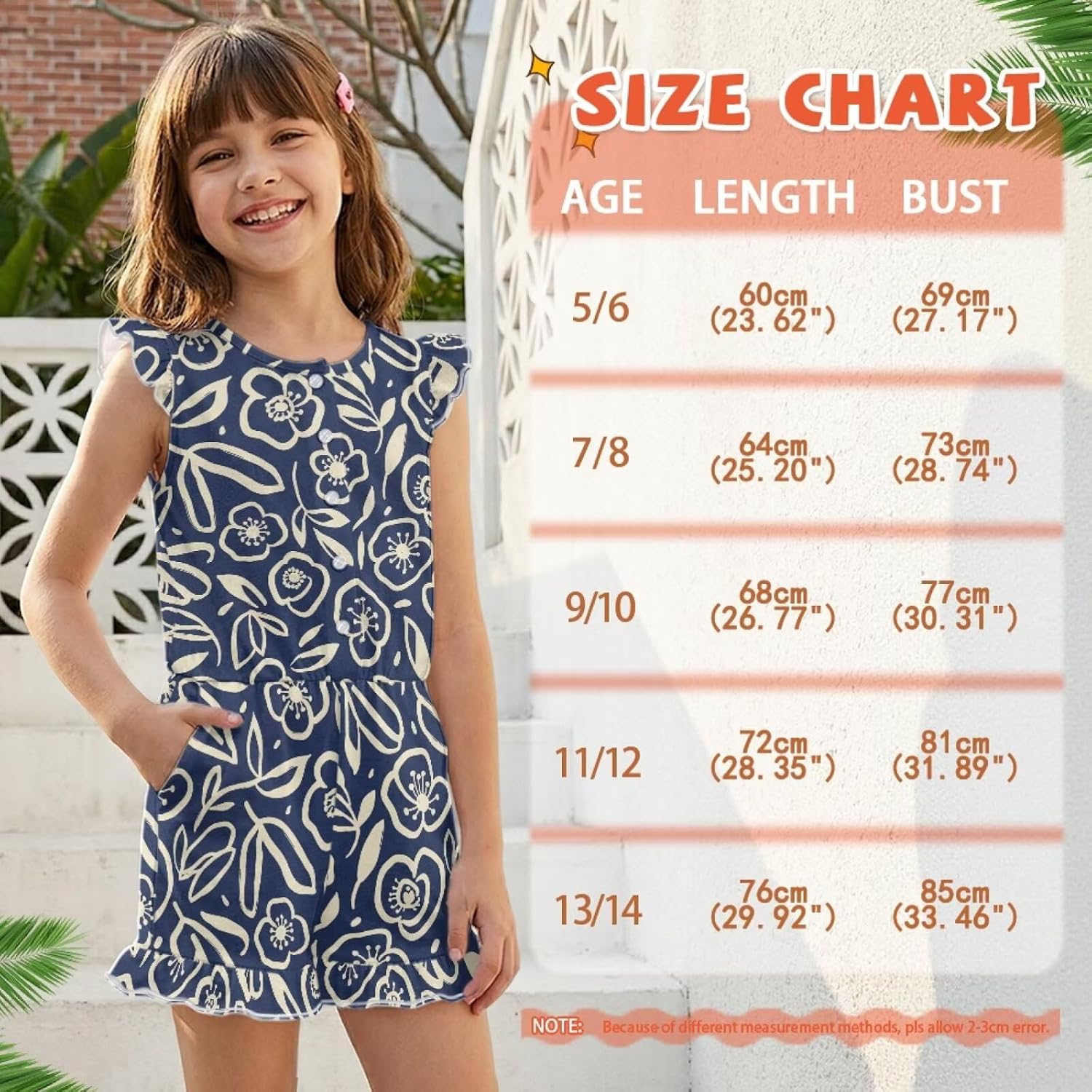 Girls Summer Romper Kids Button Flutter Sleeves Elastic Waist Short Jumpsuit Round Neck Playsuit for 5-14 Years