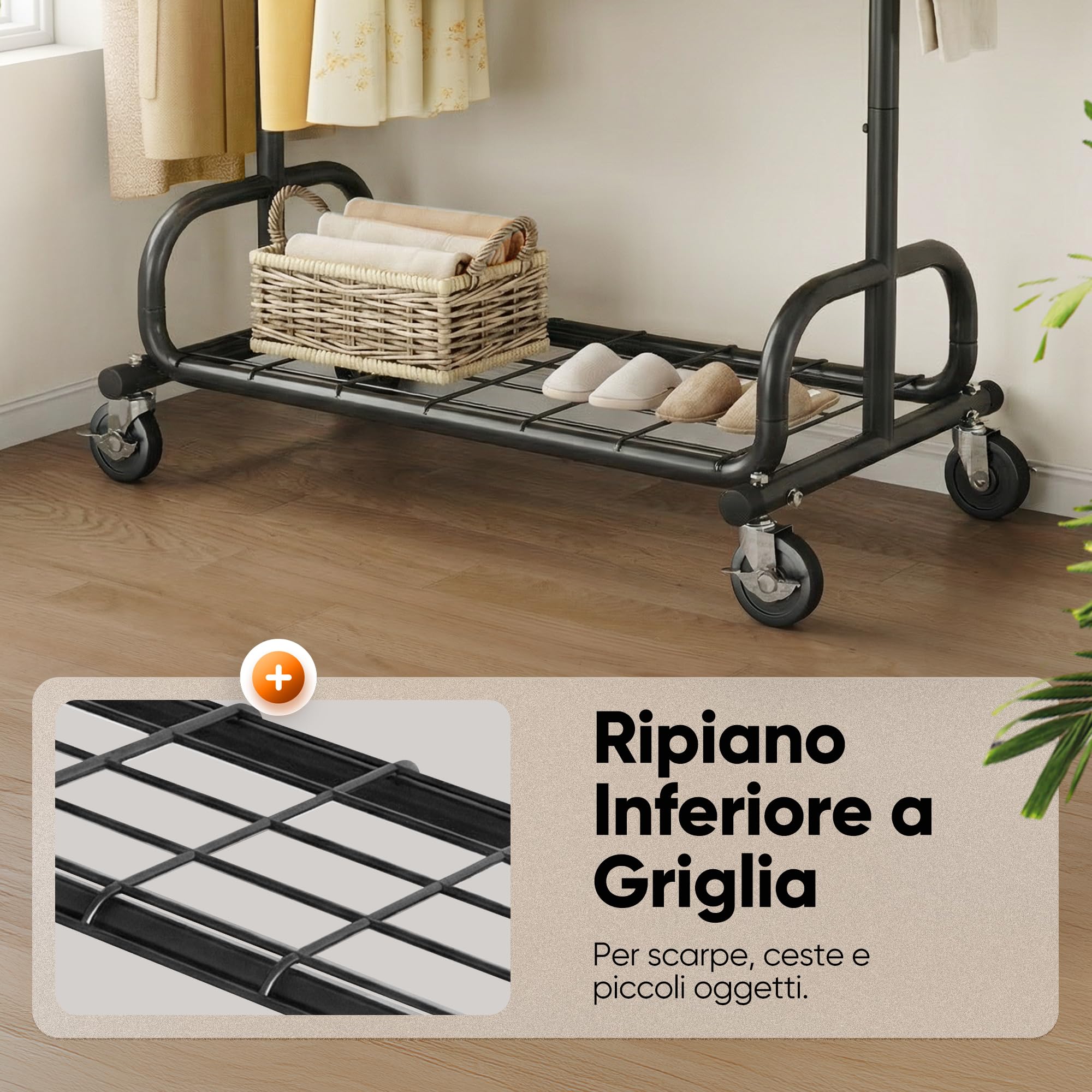 HOKEEPER Appendiabiti da Terra Resistente 136kg, Barra Estensibile con Ruote Bloccabili e Ripiano, Salvaspazio per Camera da Letto, Appartamento Piccolo, Lavanderia, Nero