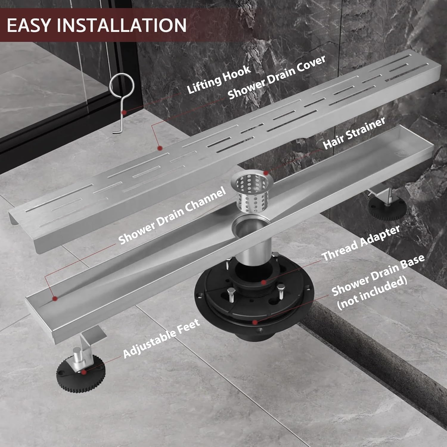 32 Inch Linear Shower Drain, Brushed Nickel Shower Drain,Removable Grate, 304 Stainless Steel, Easy to Install and Clean for Bathrooms (Drain Base Not Included), LSD-01A-32S
