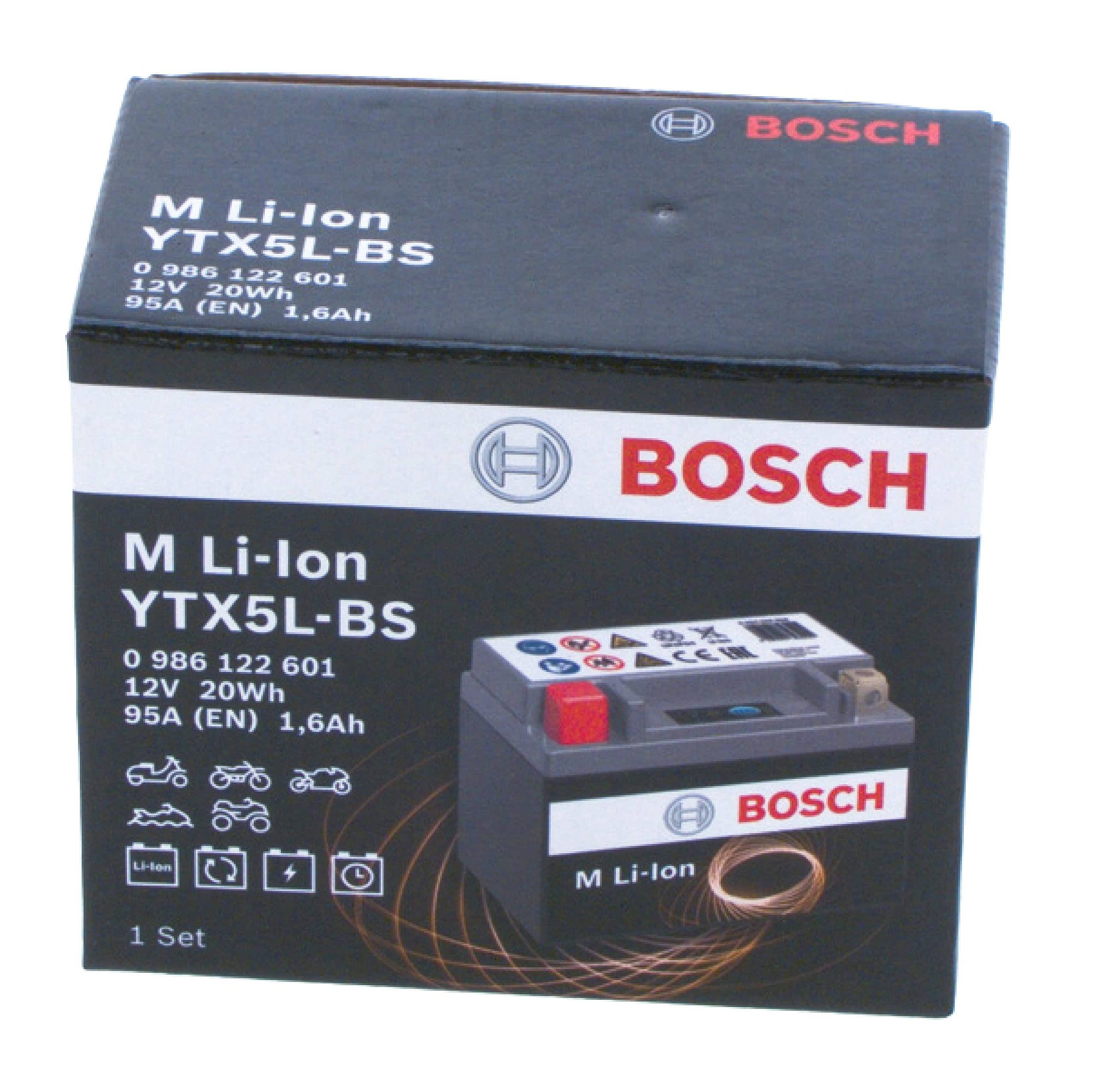 Bosch 0986122601 - Batteria per motocicli - 12V 95A 1,6Ah ioni di litio a 5Ah Plomo-Ácido - Adecuada para motocicletas, motos, enduros, scooters, quads, motos de agua - BTX4L-BS, BTX5L-BS