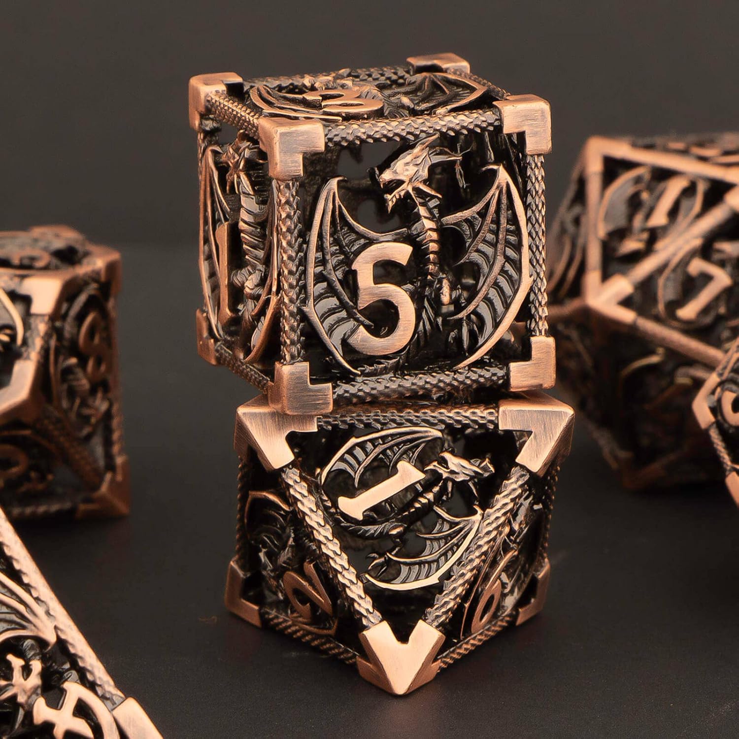 KERWELLSI Hollow DND Dice Set D&D with Gifts Box, 7pcs Polyhedral Metal D and D Dice for Role Playing Game, Dungeon Dragon Dice D20 D12 D10 D8 D6 D4 (Copper)