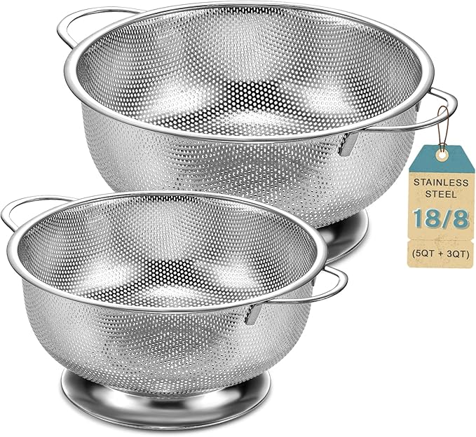 Pleafind 18/8 Stainless Steel Colander for Kitchen - 5 qt and 3 qt, Rapid-Flow Strainers and Colanders with Handle, Pasta Strainer with Sturdy Base for Stable Use, Rust-Resistant & Dishwasher Safe