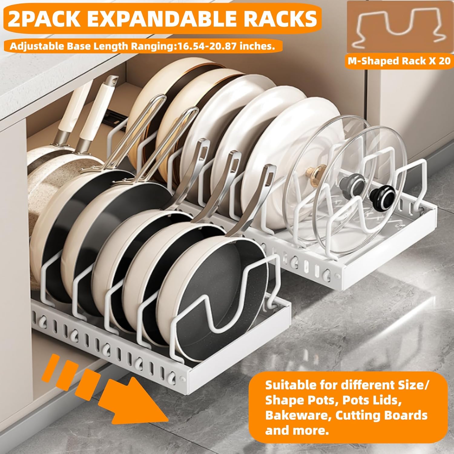 2Pack Expandable Under Cabinet Organizer Rack with 20 Adjustable Dividers for Pots, Pans, Lids & Bakeware, Kitchen Storage Holder for Cabinet Door, Fits Cutting Boards, White