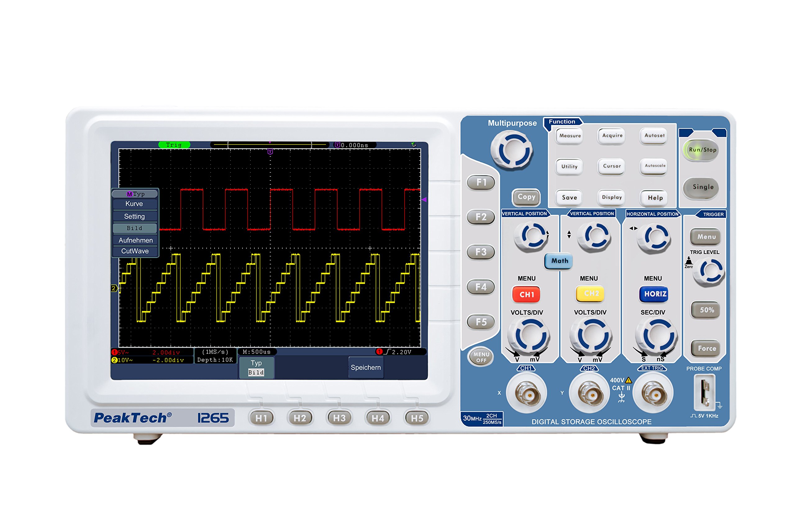 PeakTech P 1265 – Digitales 2-Kanal 30MHz Speicher-Oszilloskop mit USB, VGA und LAN Anschluss – Oszilloskop mit hochauflösendem 8“ Farbdisplay – 20 automatische Messmodi – (10.000/Ch.)