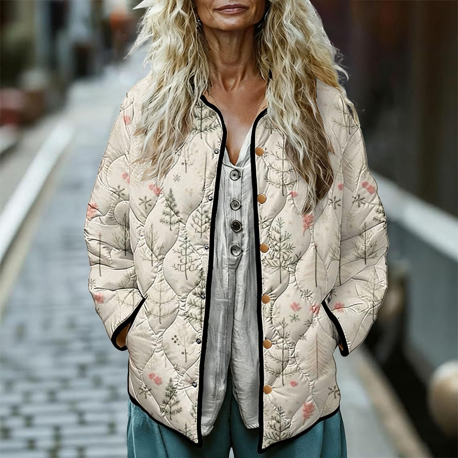 Cocila Printed Plus Size Women's Winter Quilted Jacket Long Sleeved Button Down Lightweight Padded Giacche Invernali Giacca Double Face Donna Giacca Nera Donna Lunga Felpa Aderente Felpe