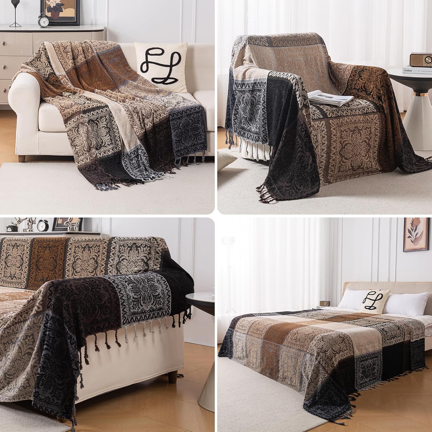 Boho Throw Blanket, Chenille Jacquard Tassels Throw Blankets for Bed Couch Soft Chair, Bohemian Fringe Tassels (Black, S:60x75) - Image 5