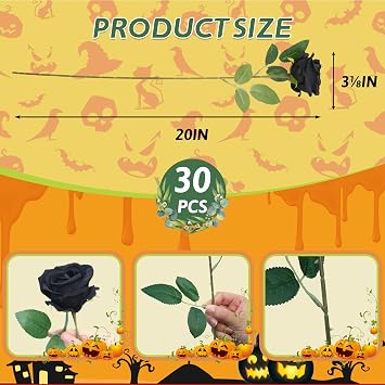30 PCS Fake Black Roses, Artificial Flowers Bulk, Realistic Silk Faux Roses | Stems for Halloween Decorations, Gothic Wedding Party Decor, Bridal Bouquets, DIY Floral Arrangement & Home Decor