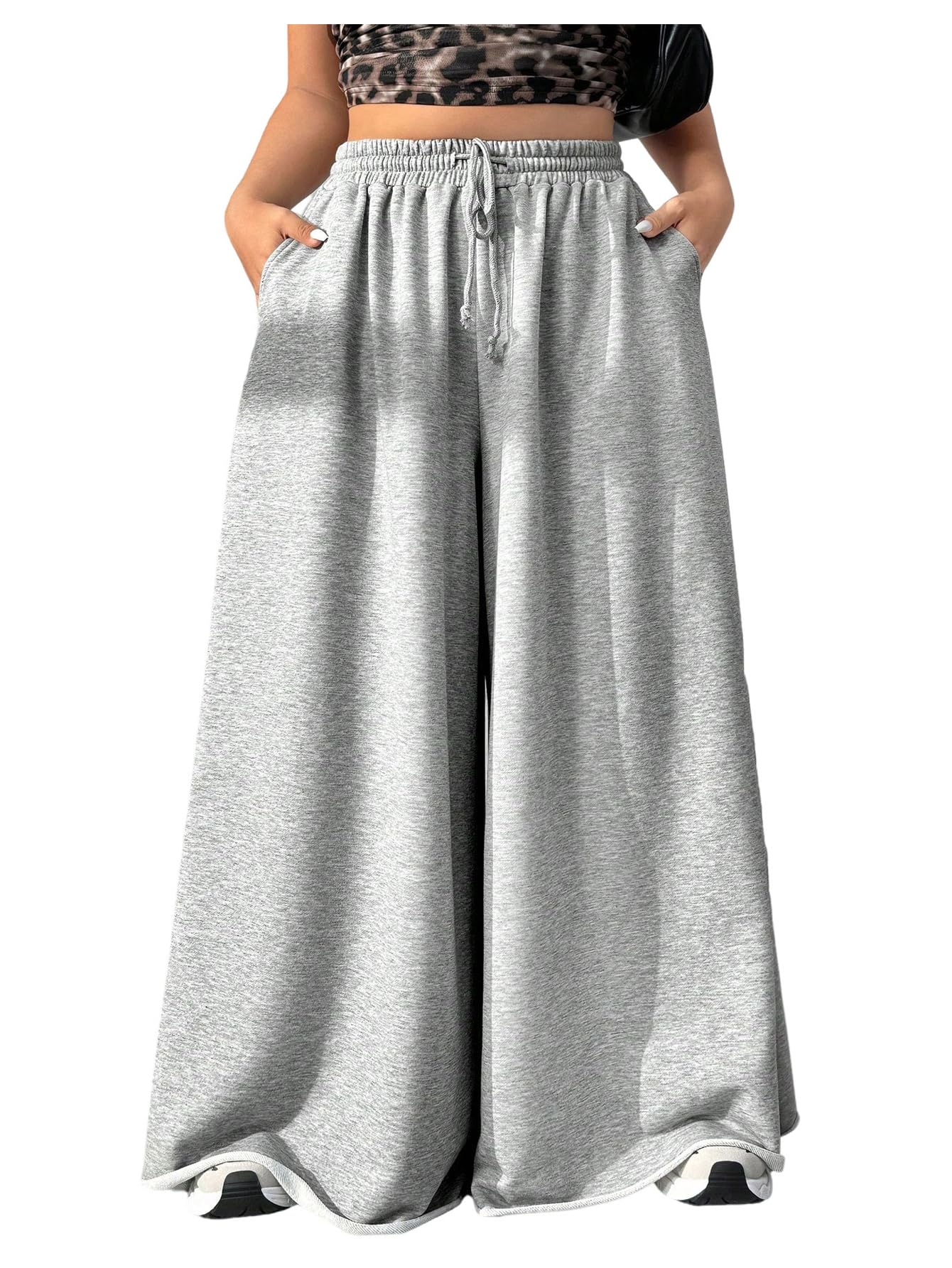 Milumia Womens Plus Size Wide Leg Palazzo Pants Drawstring High Waist Flowy Loose Trousers with Pockets