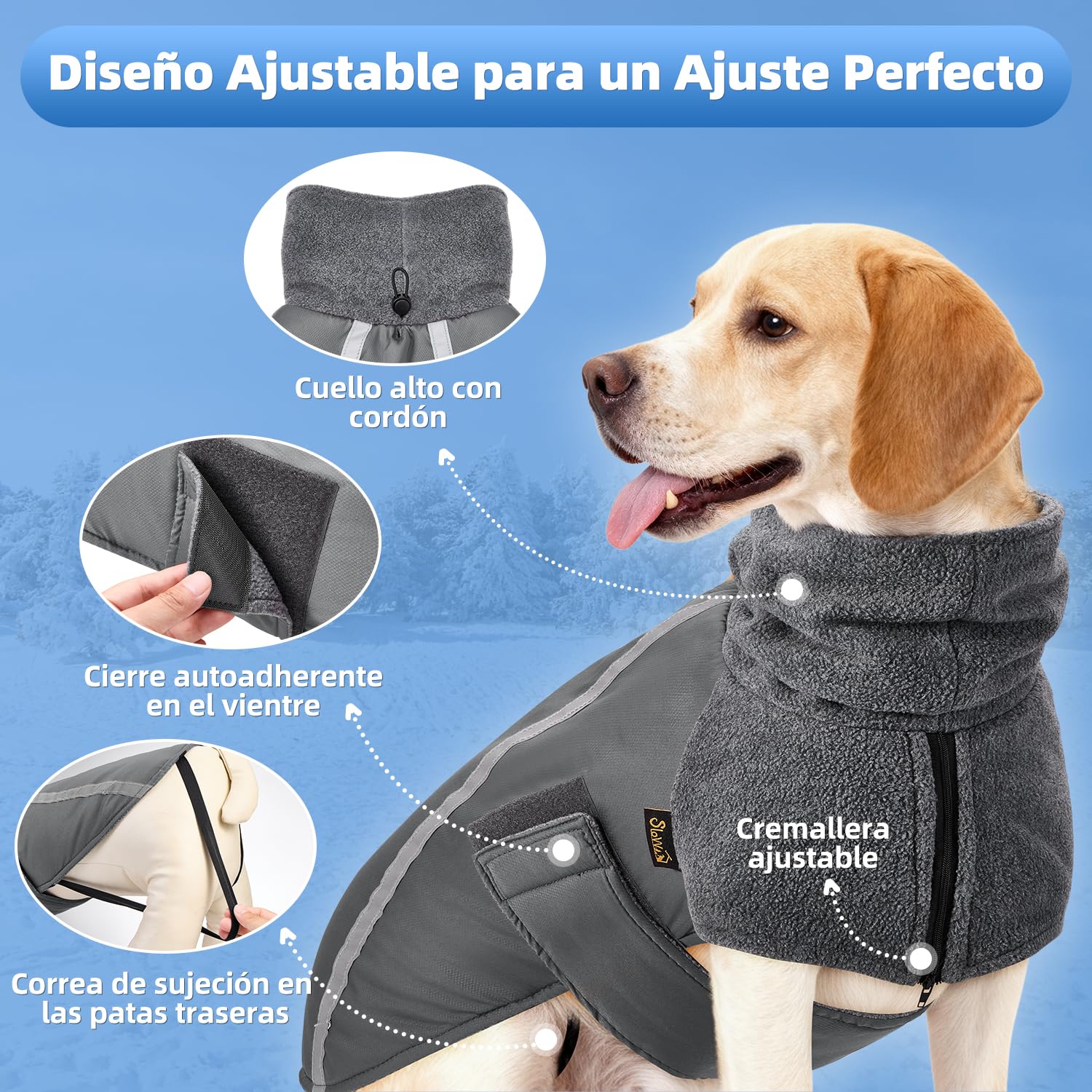 SlowTon Abrigo para Perro Invierno, Cálido Forro Polar para Exteriores con Bufanda De Cuello Alto, Rayas Reflectantes, Chaleco Resistente Al Viento, Juegos Suaves para Mascotas