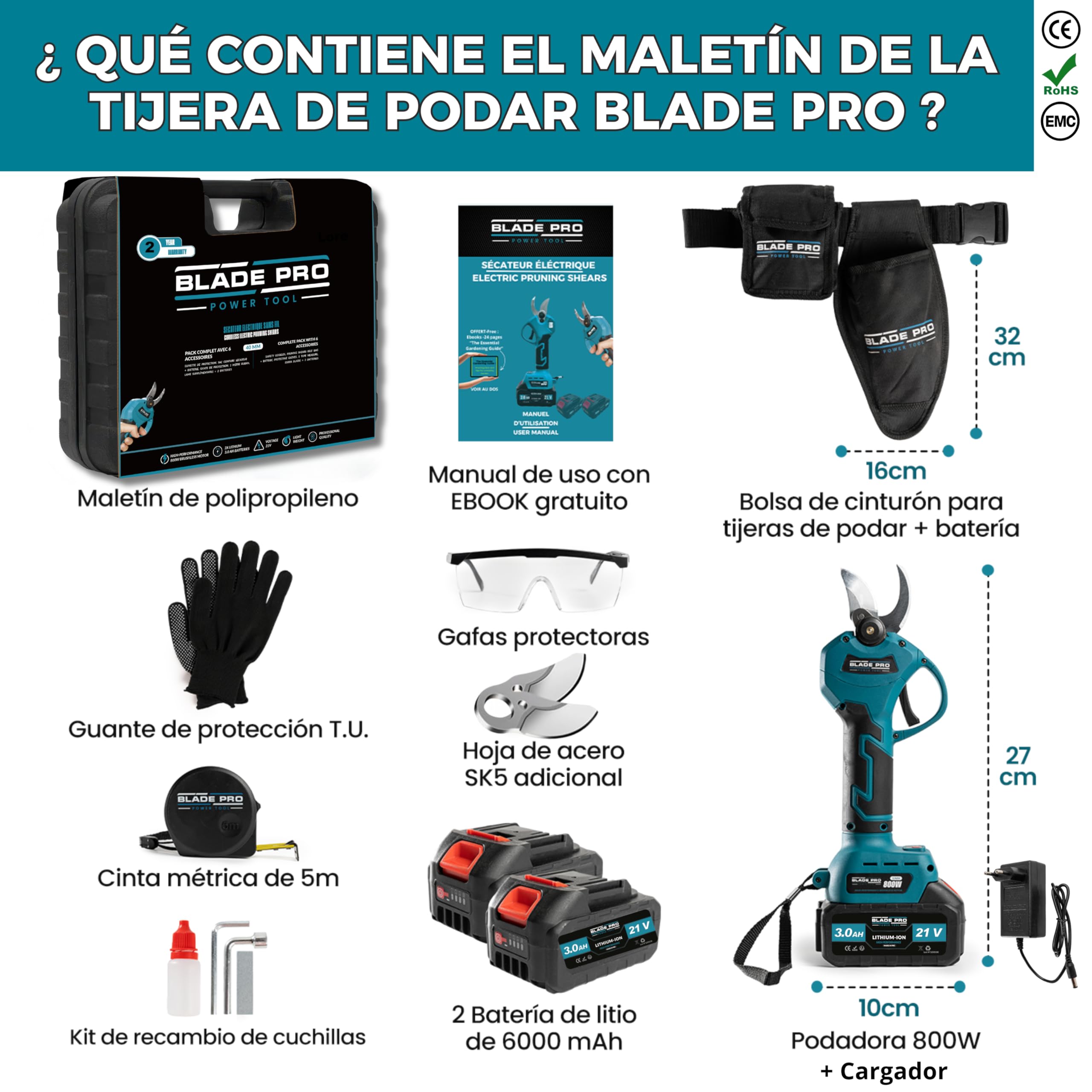 Tijeras de Podar a Batería 6000mAh Brushless hasta 40mm — Tijeras Eléctricas Profesionales — 2 Baterías 21V — Cuchilla SK5 — Kit Completo 10 Piezas BLADEPRO