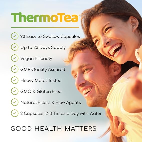 ThermoTea - Thermogenic Green Tea Complex for Weight Management with Glucomannan Konjac Soluble Fibre, Raspberry Ketones, African Mango, Chilli, L-Tyrosine, Vitamin B6 and Chromium - 90 Vegan Capsules
