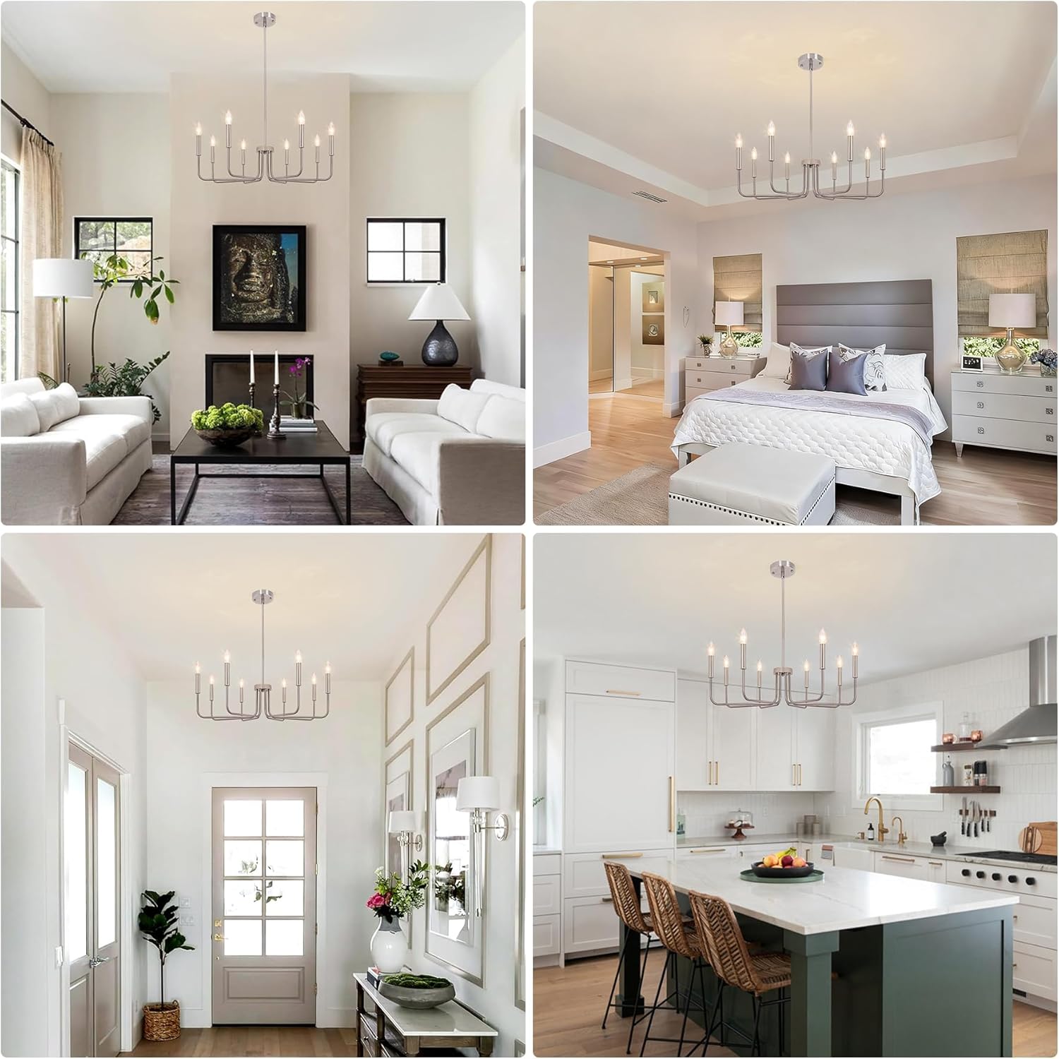 8-Light Farmhouse Chandelier for Dining Room Light Fixtures, Brushed Nickel Dining Room Light Fixture, Candle Ceiling Industrial Modern Chandelier for Living Room Kitchen Entryway Foyer Bedroom