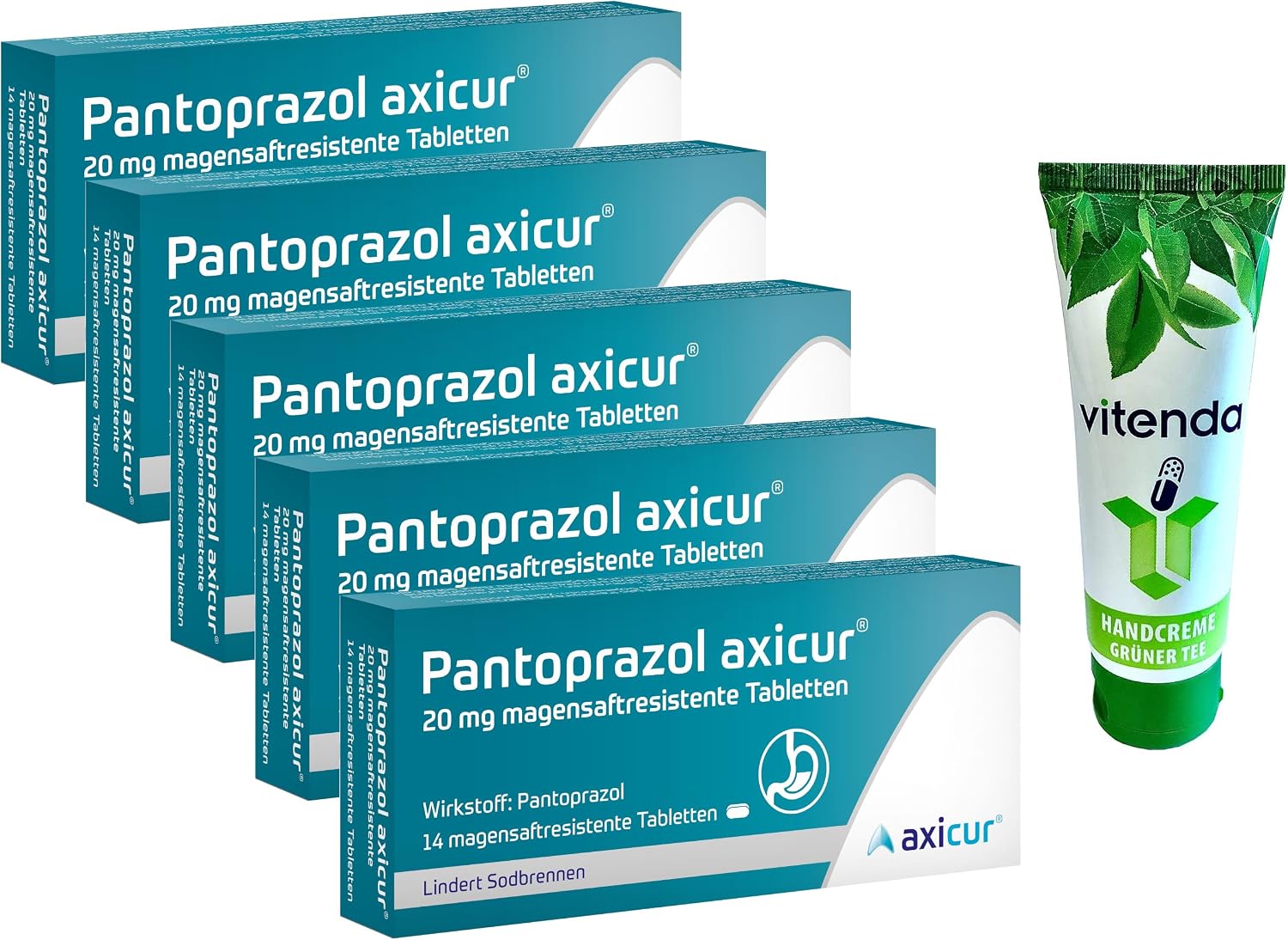 pantoprazole axicur 20 mg 5 x 14 gastric juice-resistant tablets including a hand cream from vitenda can relieve heartburn and acid belching after a short time quick aid 5 x 14 pieces