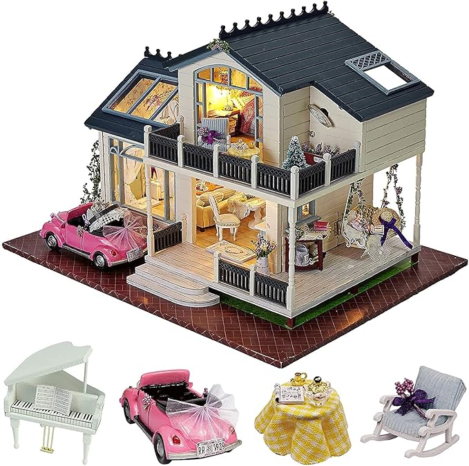 DIY Wooden Dollhouse Miniature Kit Wood house Toy & LED