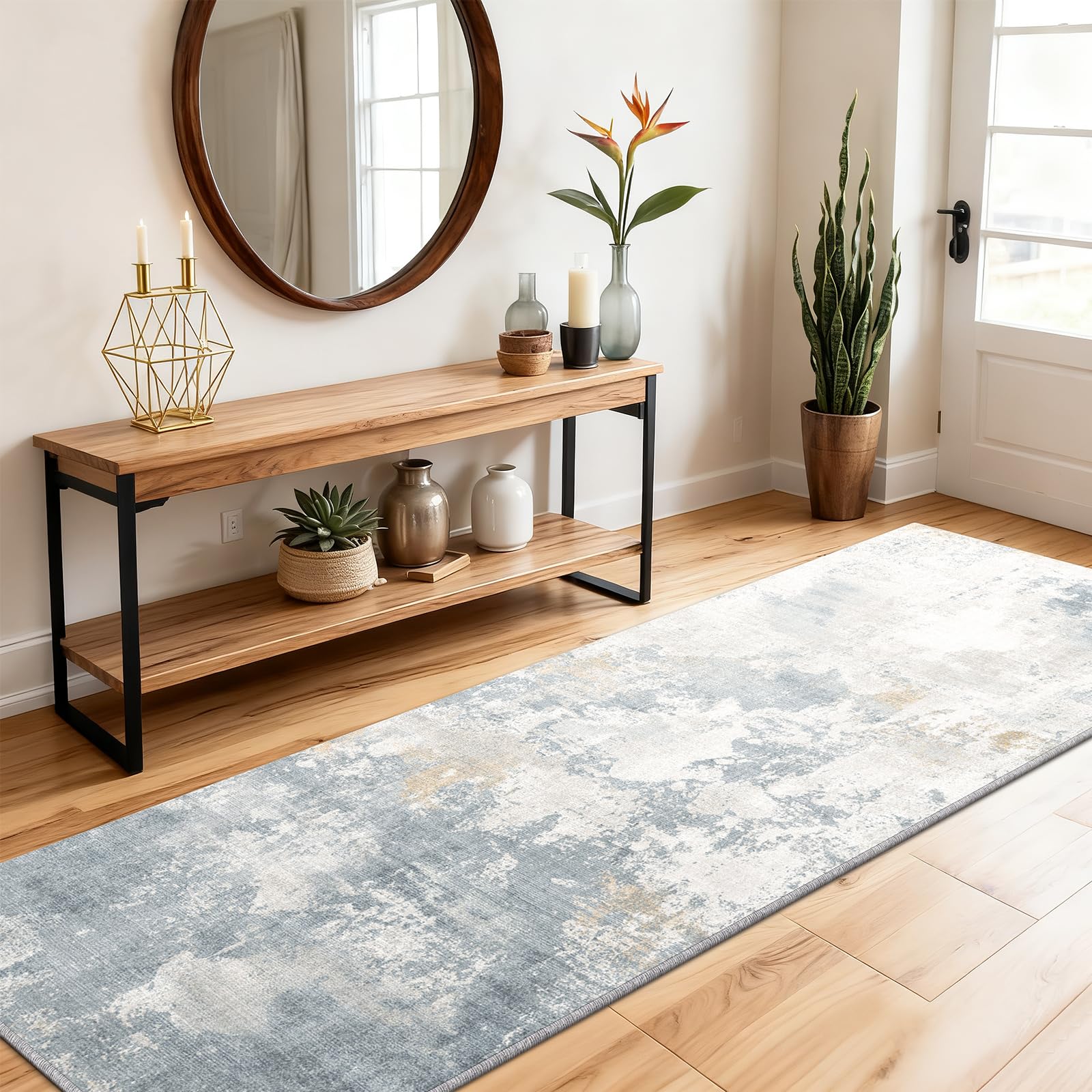 SOANNY Runner Rug, 60x180 cm Abstract Low Pile Carpet, Non-Slip Washable Area Mat for Bedroom, Hallway, Kitchen, Laundry, Entryway, Utility, Beside Sofa, Office, Blue Grey — image 1