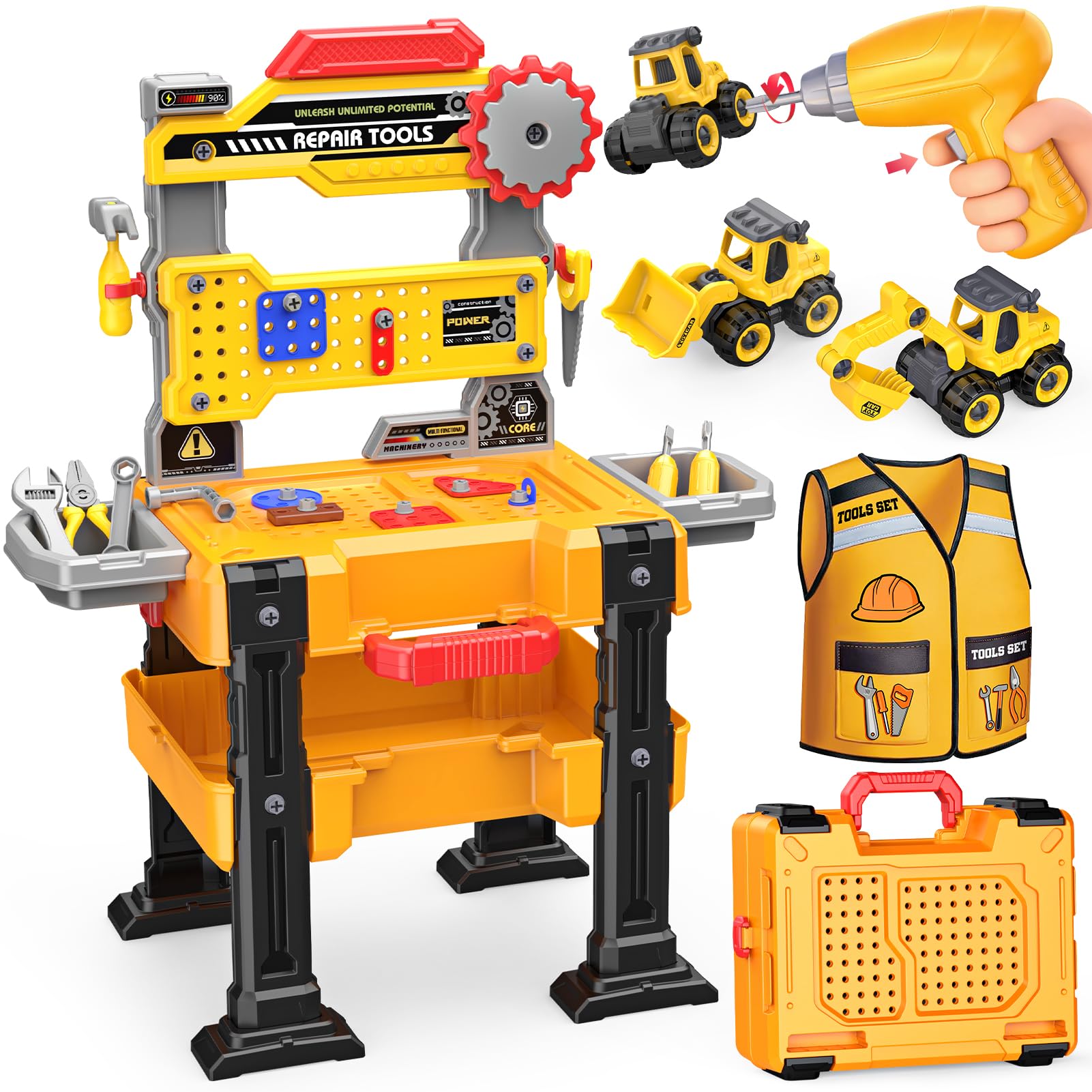 Naxudcoo Établi à outils pliable pour enfants avec perceuse électrique et véhicule de chantier démontable, jouet pour enfants à partir de 3 ans, cadeaux pour garçons de 3, 4, 5 ans