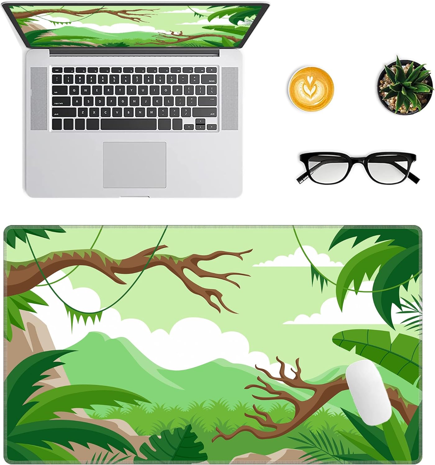 LL-COEUR Green Plant Extended Mouse Mat 27.5x15.7x0.12inch Laptop Keyboard Pad with Non-Slip Rubber Base Long Desk Topper Mat for Gaming Office Home L