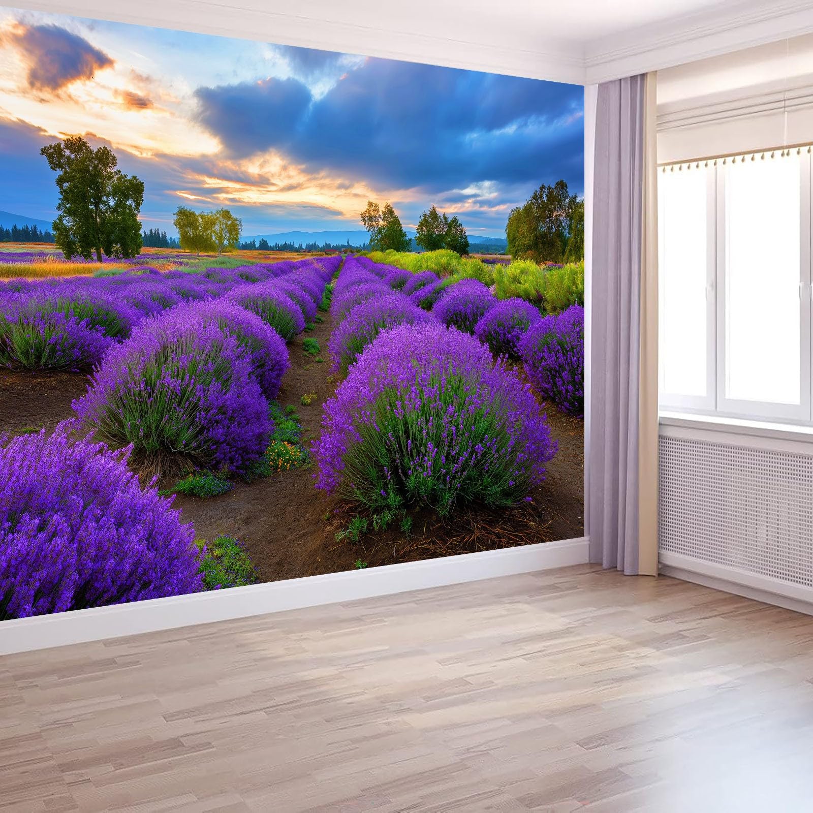 Générique Panoramiczna tapeta w stylu wiejskim rośliny lawendowe pola kwiaty fioletowe, tapeta z włókniny 3D, do pokoju dziecięcego i salonu, dekoracja ścienna XXL 350 x 256 cm