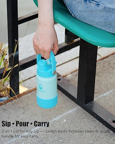 Miniatura 7 de Botella de agua aislada avodvo de 12 onzas con 2 tapas (tapa con popote y boquilla de 2 en 1, tapa magnética), botella de agua para niños con Azul