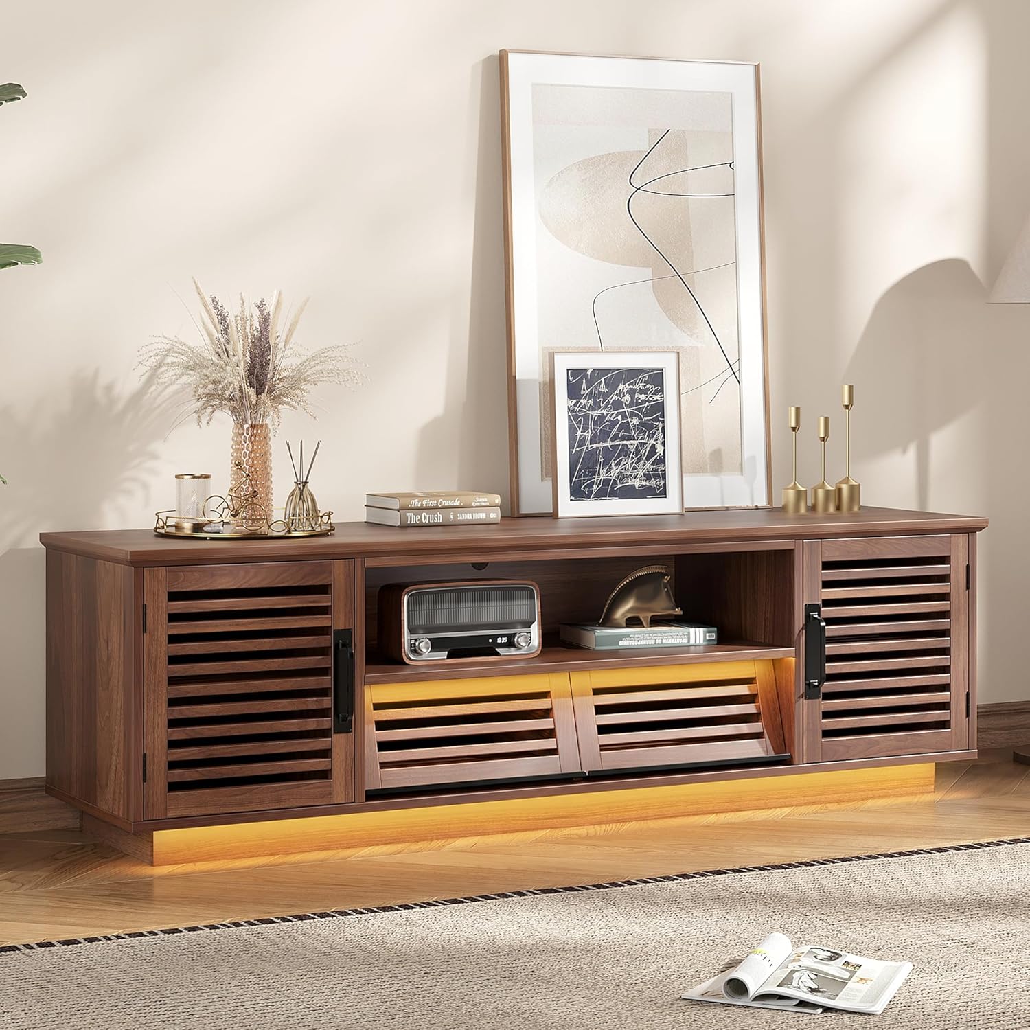 Maupvit Mid Century Modern TV Stand with LED Light for 50/55/60 inch TV, Retro Entertainment Center with Storage Cabinet & Slatted Doors & Grille Drawers, TV Media Console for Living Room, Bedroom