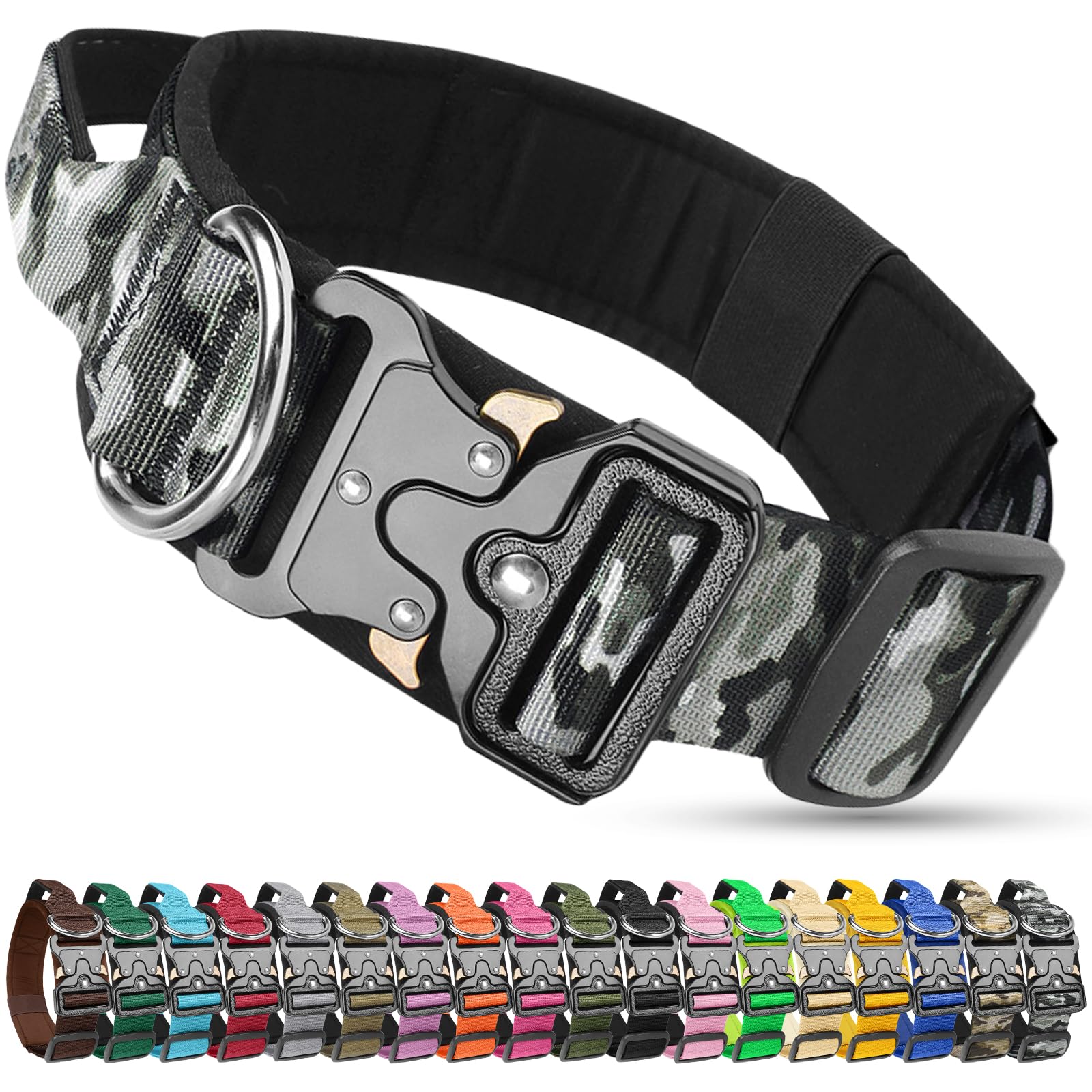 Olcyren Tactical Dog Collar, Military Nylon Adjustable Strong Dog Collar with Handle, Soft Padded Pet Collars with Heavy Duty Metal Buckle for Medium Large Dogs Training (Grey Camouflage, M)