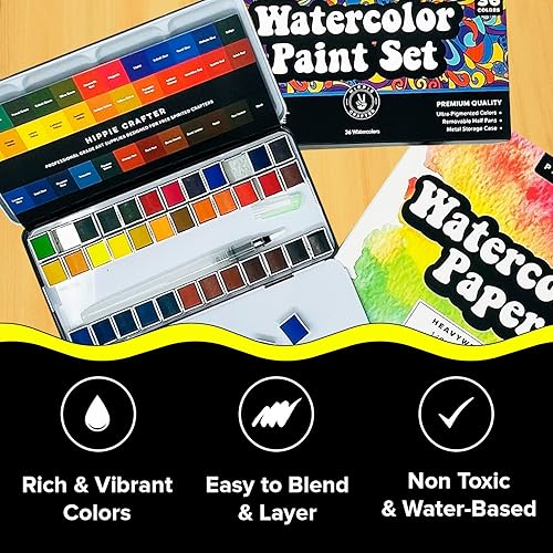 Miniatura 7 de Juego de pintura de acuarela profesional, 36 colores de agua para adultos, kit de pintura con paleta y pincel, pinturas de acuarela portátiles para