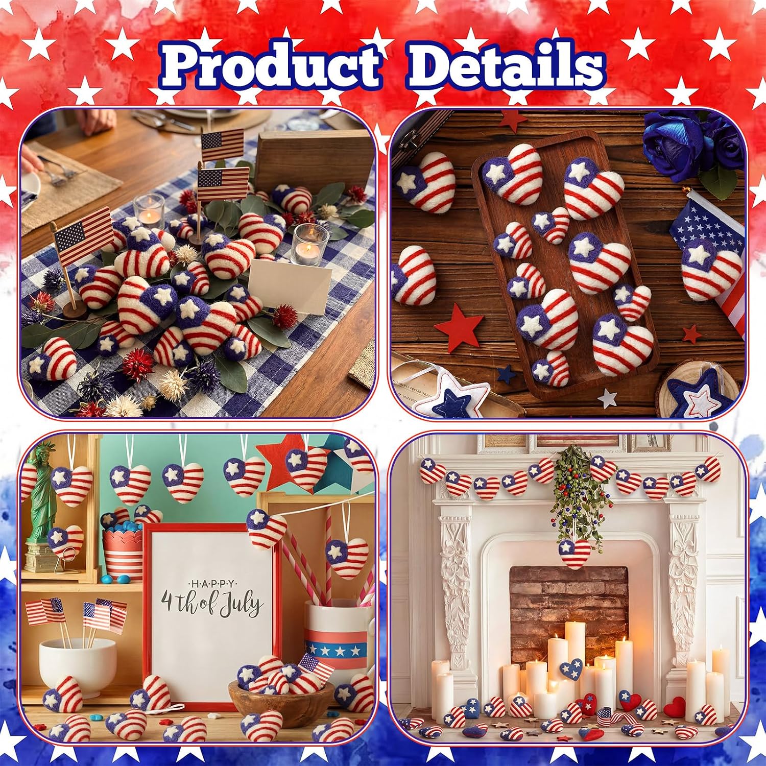 Frienda 16 Pcs 4th of July Wool Heart Ornaments Patriotic American Flag 100% Wool Heart Decorations Red White Blue 250th Anniversary Bowl Filler for Independence Veteran Home Tiered Tray Decor