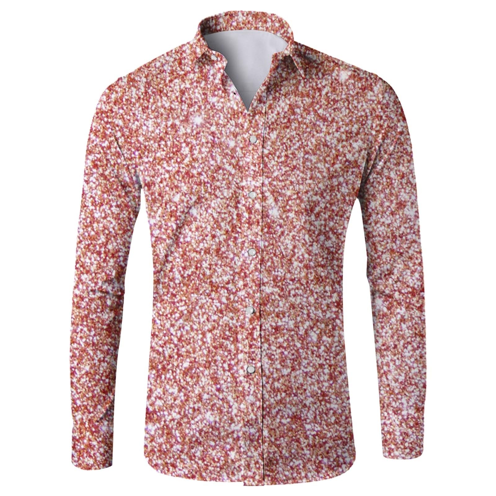 Mens Sequin Printed Shirt Long Sleeve Glitter SparkIe Shirt for Carnival Festival Party Nightclub Fancy Dress Shiny Disco Costume Tops Button Down for Men Stage Performance Clothing Pink — image 1