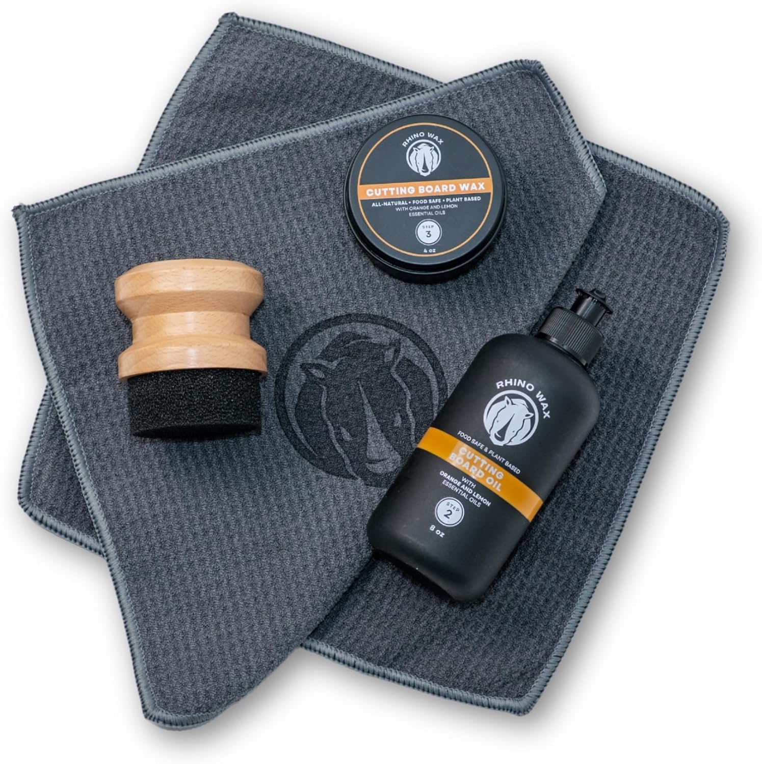 Rhino Wax Cutting Board Maintenance Kit - Includes Cutting Board Oil, Cutting-Board Wax, Applicator, 2 Microfiber Cloths - Natural Coconut Blend of Oils and Waxes (NO Mineral Oil) - Made in the USA
