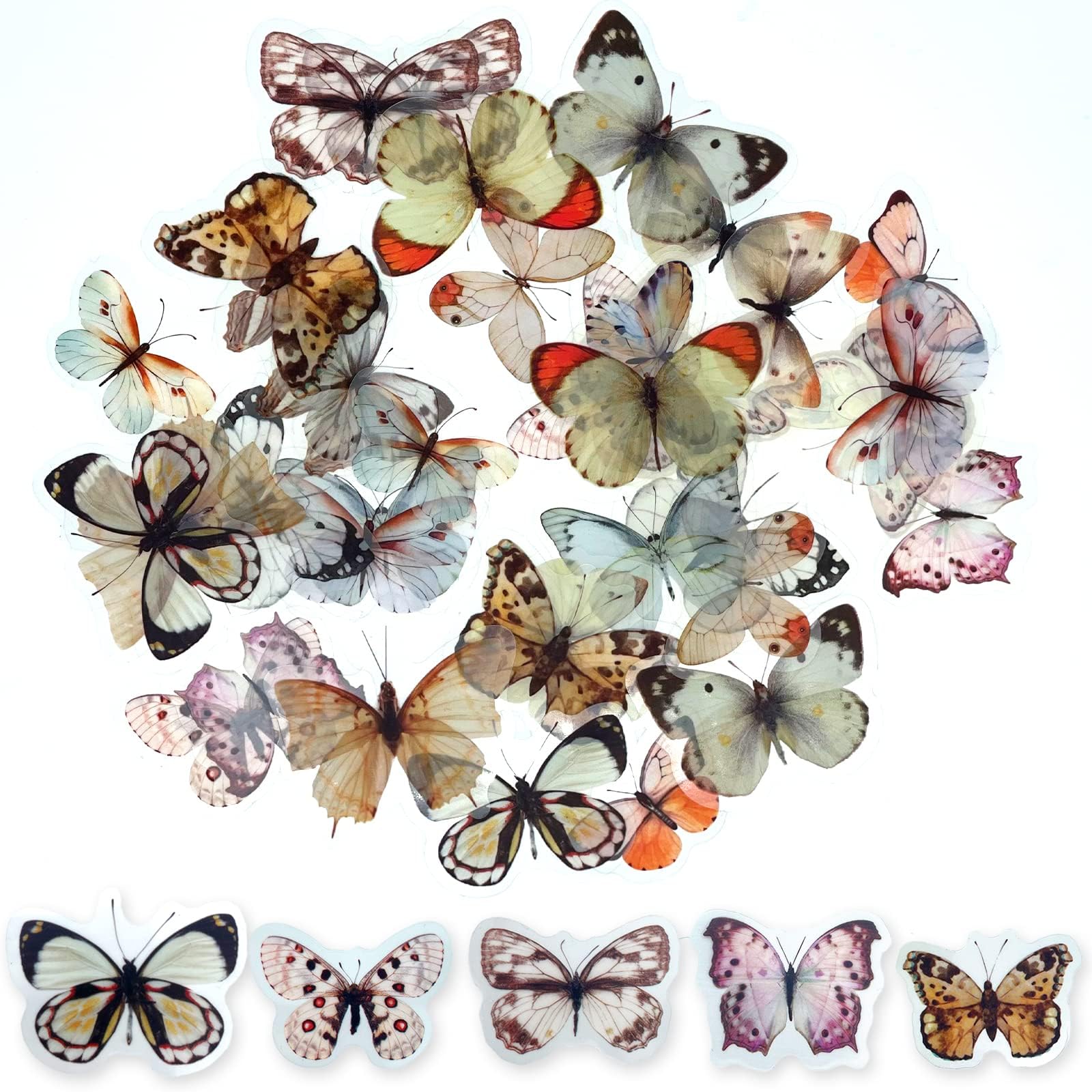 ExceLife Retro Butterfly Stickers Set, Self-Adhesive PET Transparent Waterproof Butterflies Stickers for Scrapbooking, Journal, Album, Phone Case, Laptop, Card Making, 40Pcs (Butterfly White)