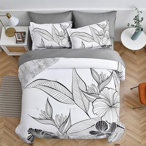 Miniatura 3 de Xruibed Juego de edredón de cama en una bolsa, tamaño King con patrón de flores negras sobre blanco, 7 piezas, diseño de flores de línea con juego