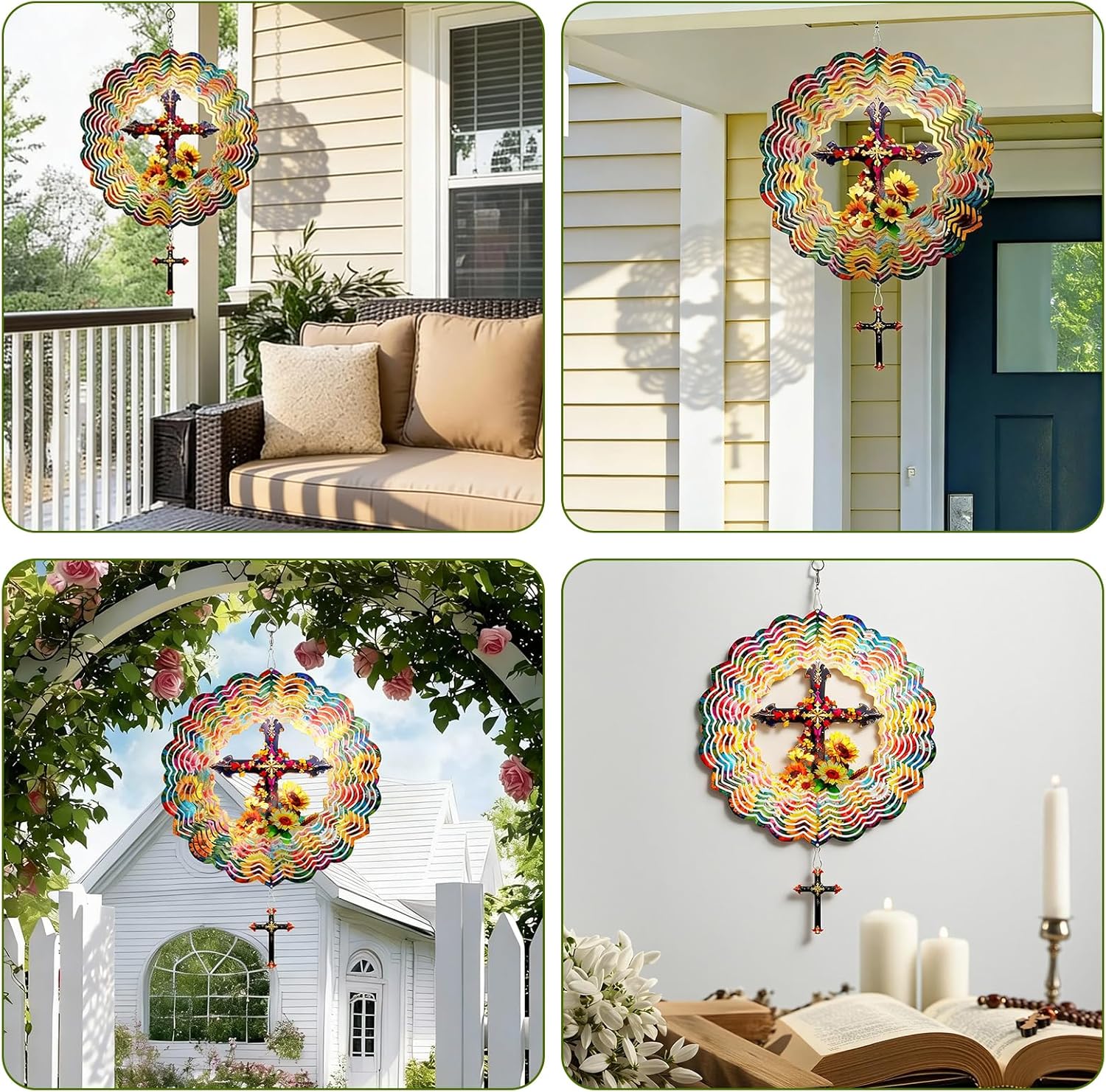 Cross Wind Spinners Outdoor Hanging - 12 Inch 3D Cross & Sunflower Kinetic Art for Yard Patio Ornament Garden Decorations, Christian Gifts for Women Mother's Day Birthday