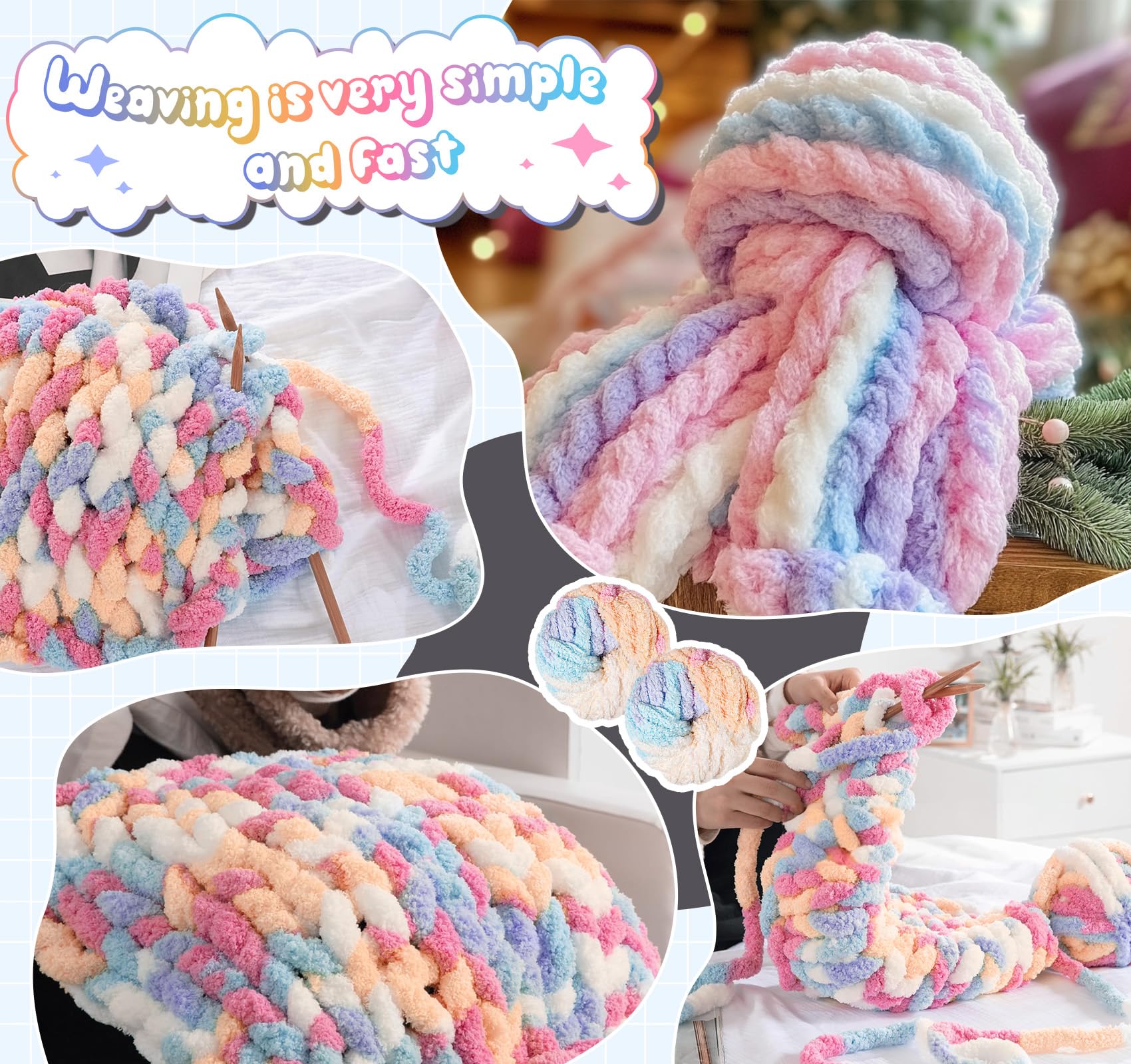 ilauke Chunky Wool Yarn 250g X 2 for Knitting and Crochet, 2cm Soft Material for Blankets Dolls, Rug, Bags, Hats, Pillow - Image 4