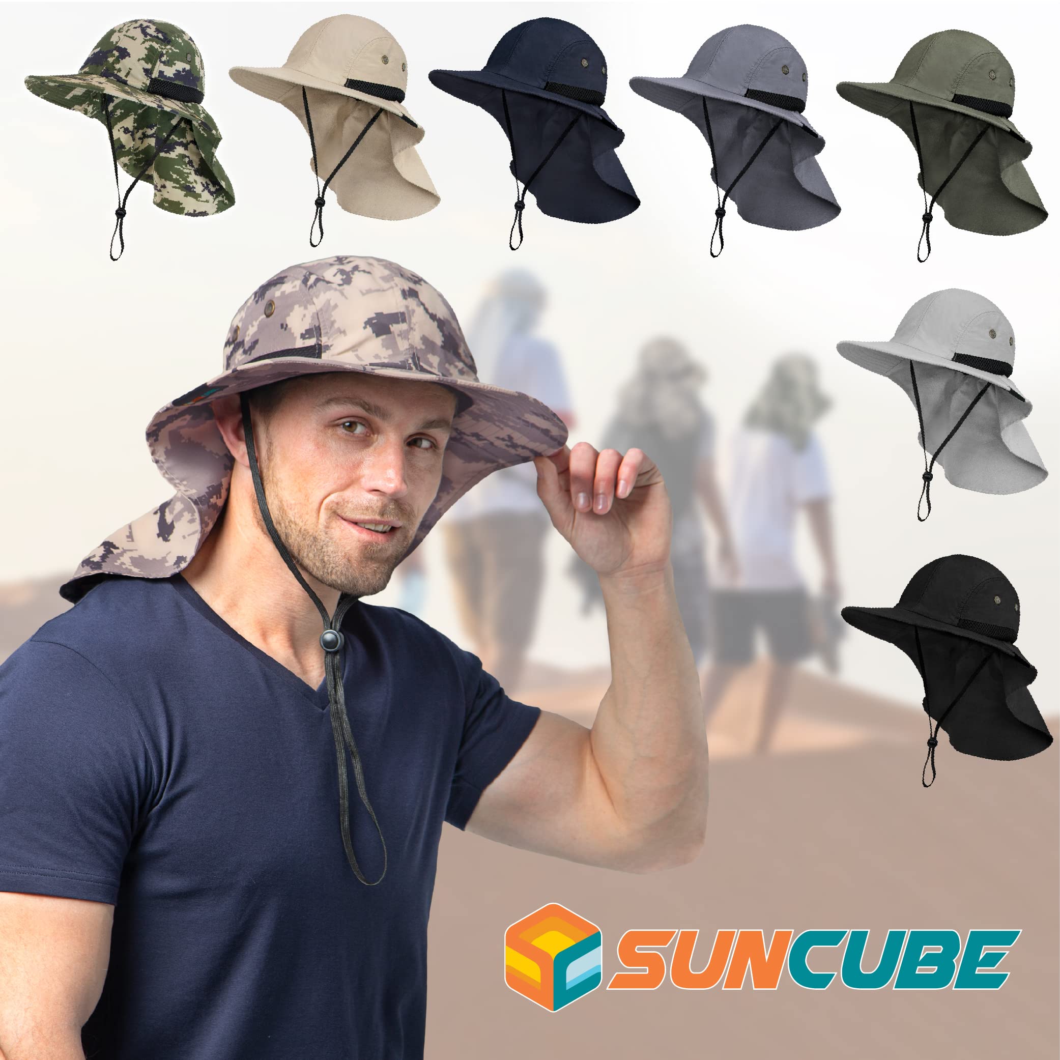 Suncube - Sombrero de pesca con cubierta para el cuello y solapa, amplia sombra, correa ajustable para la barbilla para exteriores, senderismo, safari, caza, verano UPF 50 +, malla transpirable