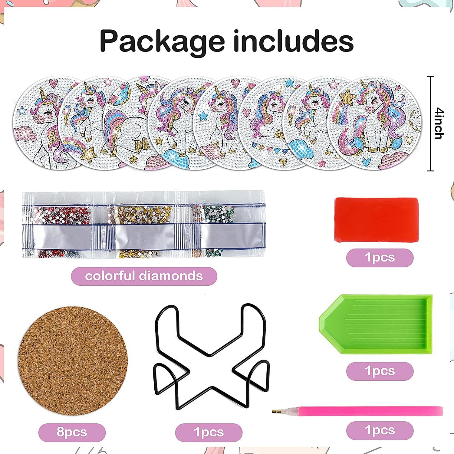 WOWDECOR DIY Diamond Art Coasters Kit - Make 8 Unicorn Coasters With Holder, 5D Crystal Painting Craft - View #3