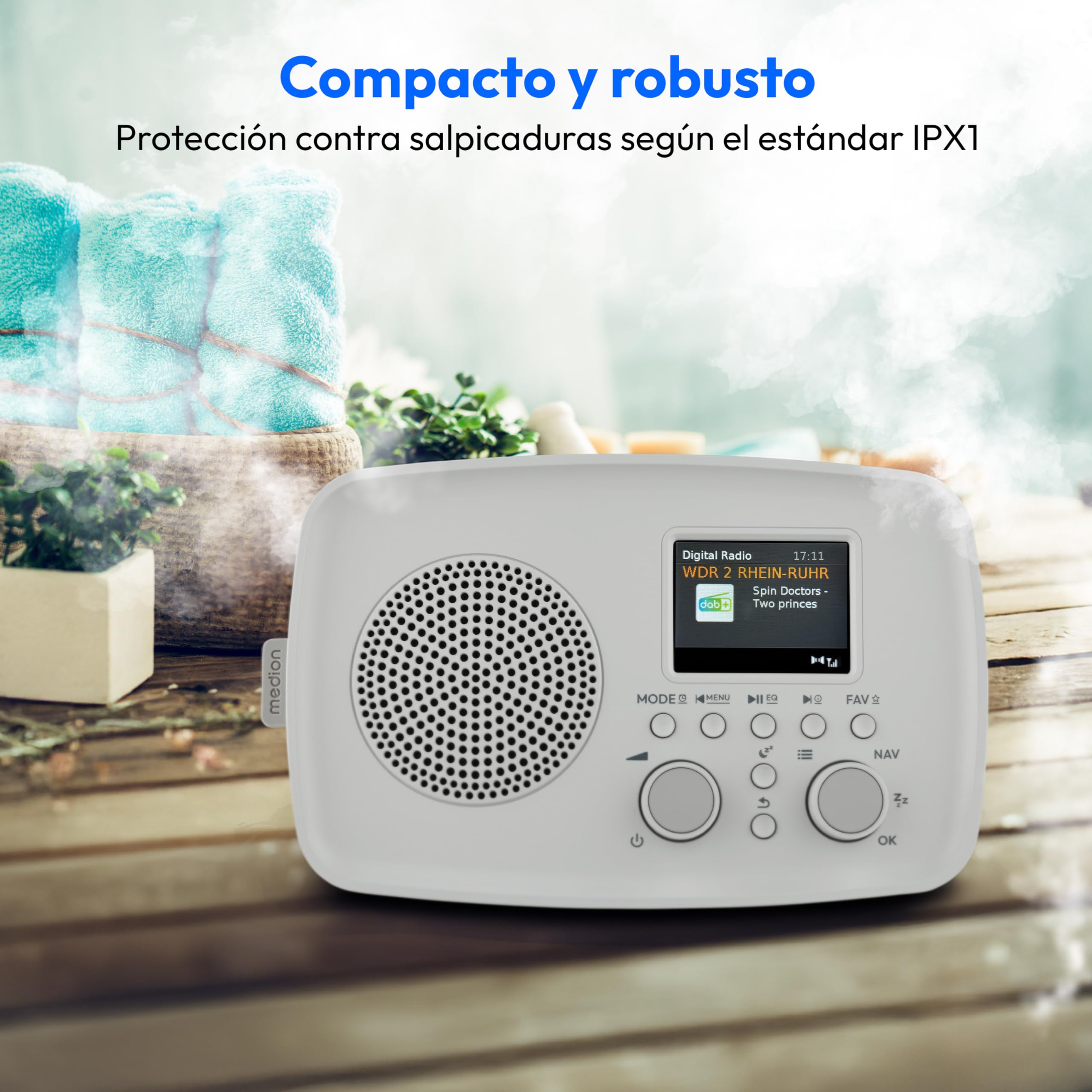 MEDION Radio Dab+ con Bluetooth Dre-1 (Dab Plus, Radio FM, protección contra Goteo, Antena telescópica, Despertador, función Snooze, regulador de Pantalla, Sistema de Alerta ASA), Gris