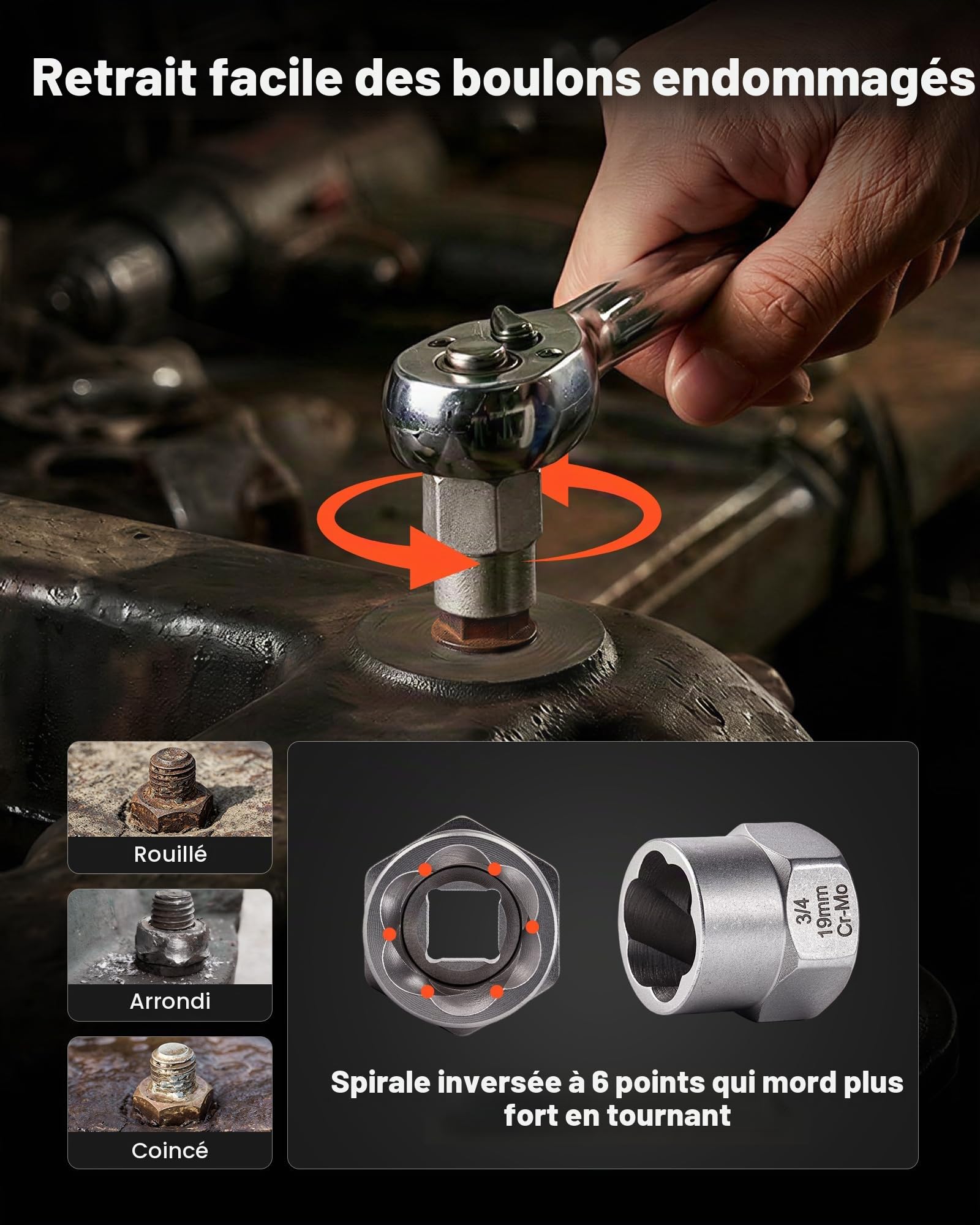 VEVOR Extracteur de Boulons et Écrous 29PCs Extracteurs de Goujons 6 mm à 10 mm et 10,5 mm à 19 mm Outils de Retrait de Goujons Cassés en Acier CR-MO avec Étui pour Enlever les Boulons Cassés Atelier