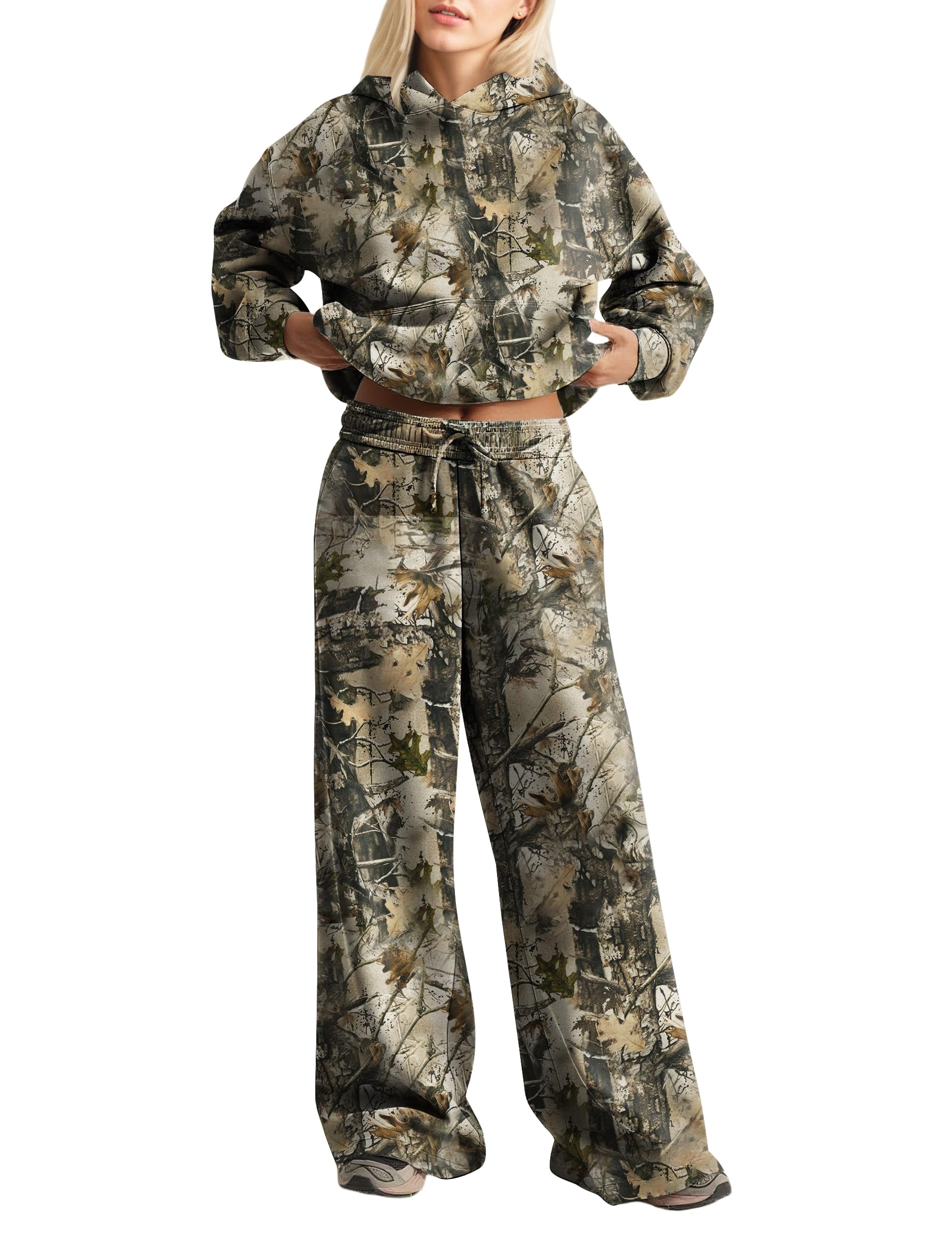 Women 2 Piece Lounge Outfits Camo Hoodies Sweatpants Sets Maple Leaf Print Hooded Sweatshirt Sweatpants Tracksuits