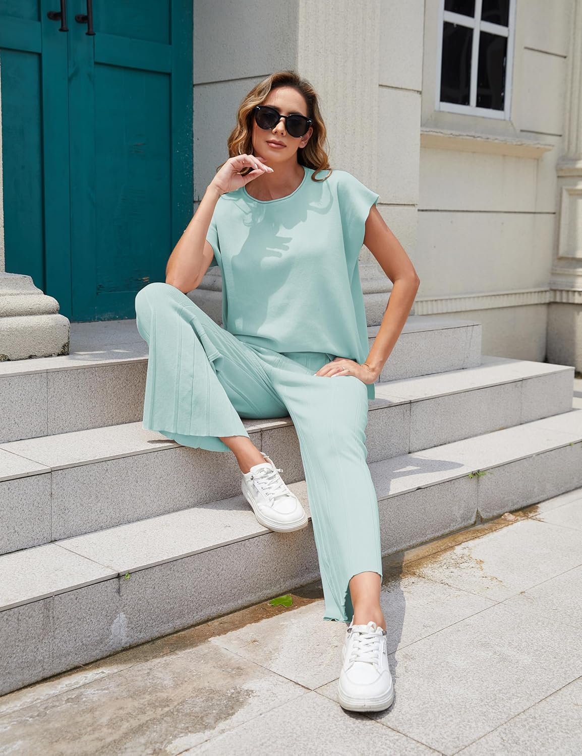 Tanming Women's 2 Piece Outfits Sweater Set Knit Pullover Tops High Waisted Pants Sweatsuits Lounge Set - Image 5