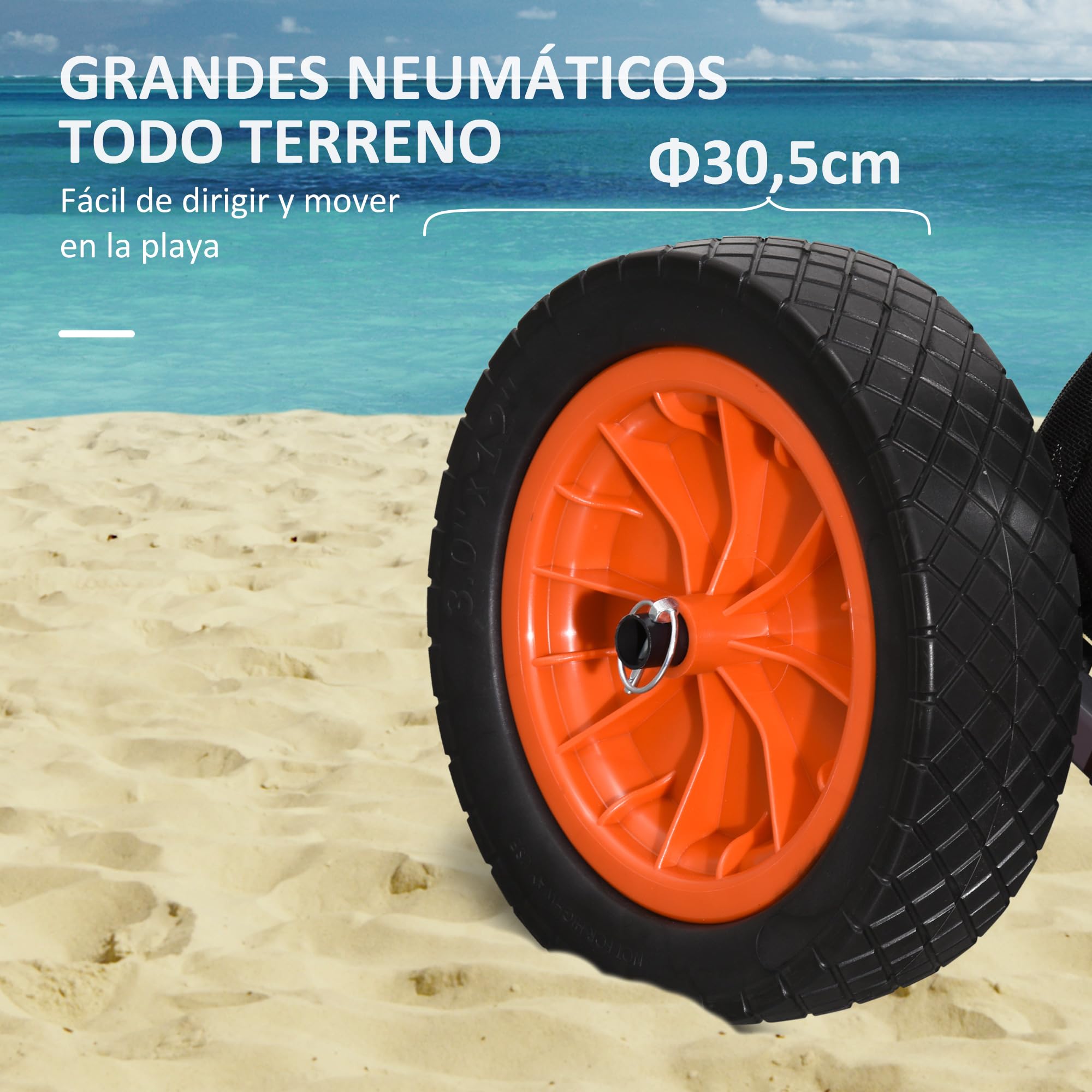 SPORTNOW Carro Playa Plegable, Carro Transporte con Grandes Ruedas de 30 cm para Todo Terreno, con Bolsillo de Malla y Mango Telescópica de Aluminio, para Jardín, Campaña, Compra, Carga 150 kg, Gris