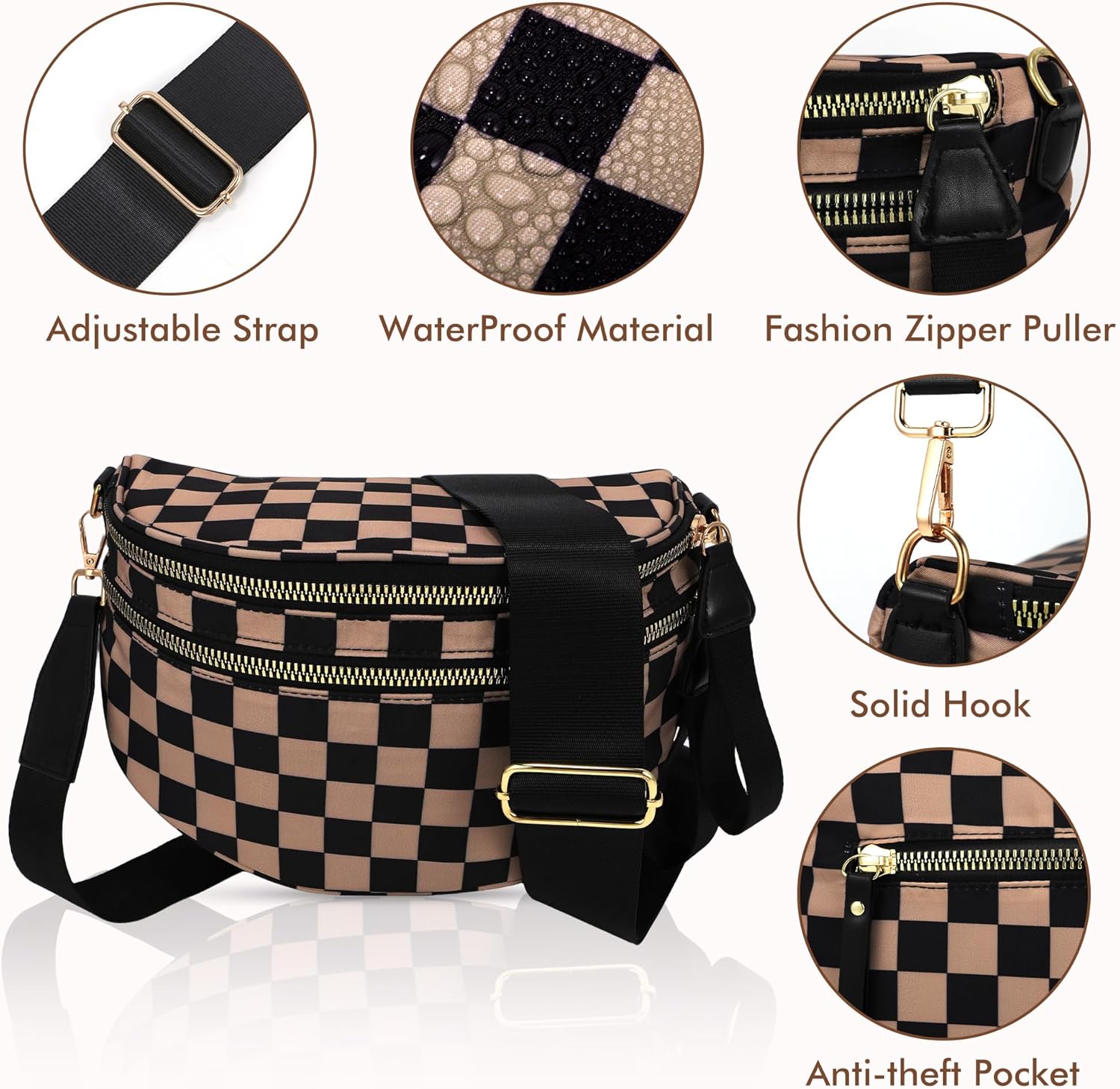Checkered Crossbody Bags Bum Bag For Women, Large Nylon Fanny Packs Belt Bag, Khaki - Image 4