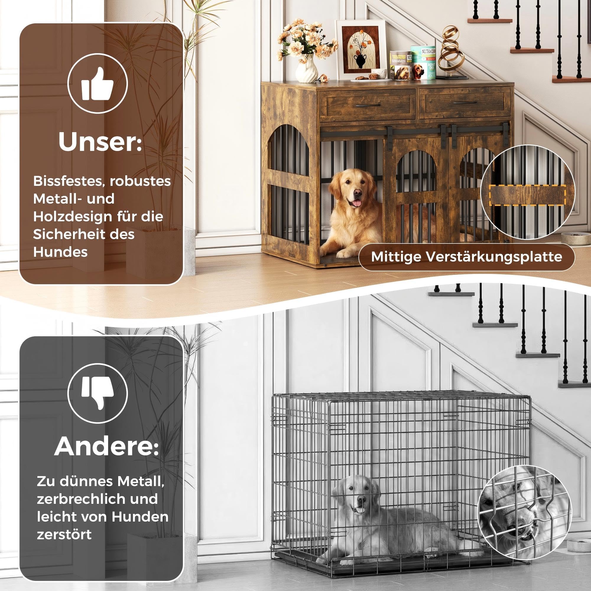 IRONCK Hundekäfig Möbel Hundebox für Zuhause mit 2 Schublade Türen Trennwand, Hundebox Holz Indoor für 2 kleine/mittlere/1 große Hunde, Beistelltisch mit Scheunentür, 106x68x88cm (Vintagebraun)