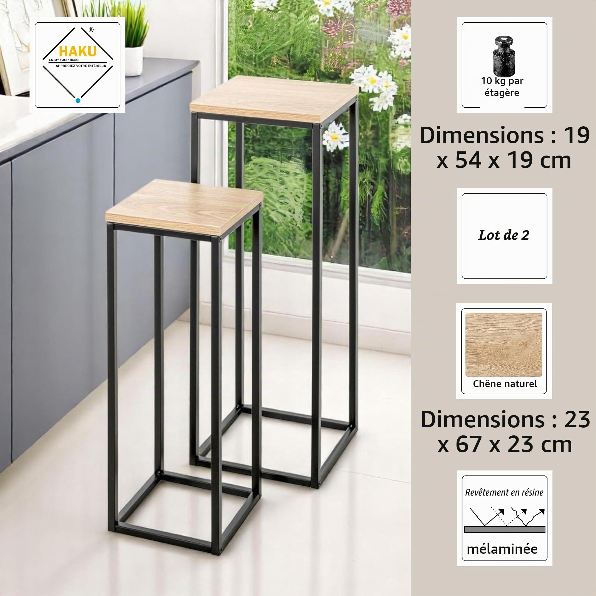 HAKU Lot de 2 Porte Plantes chêne Naturel, Noir, MDF, Métal - Dim.: L 19/23 x H 54/67 x P 19/23 cm, Style: Moderne