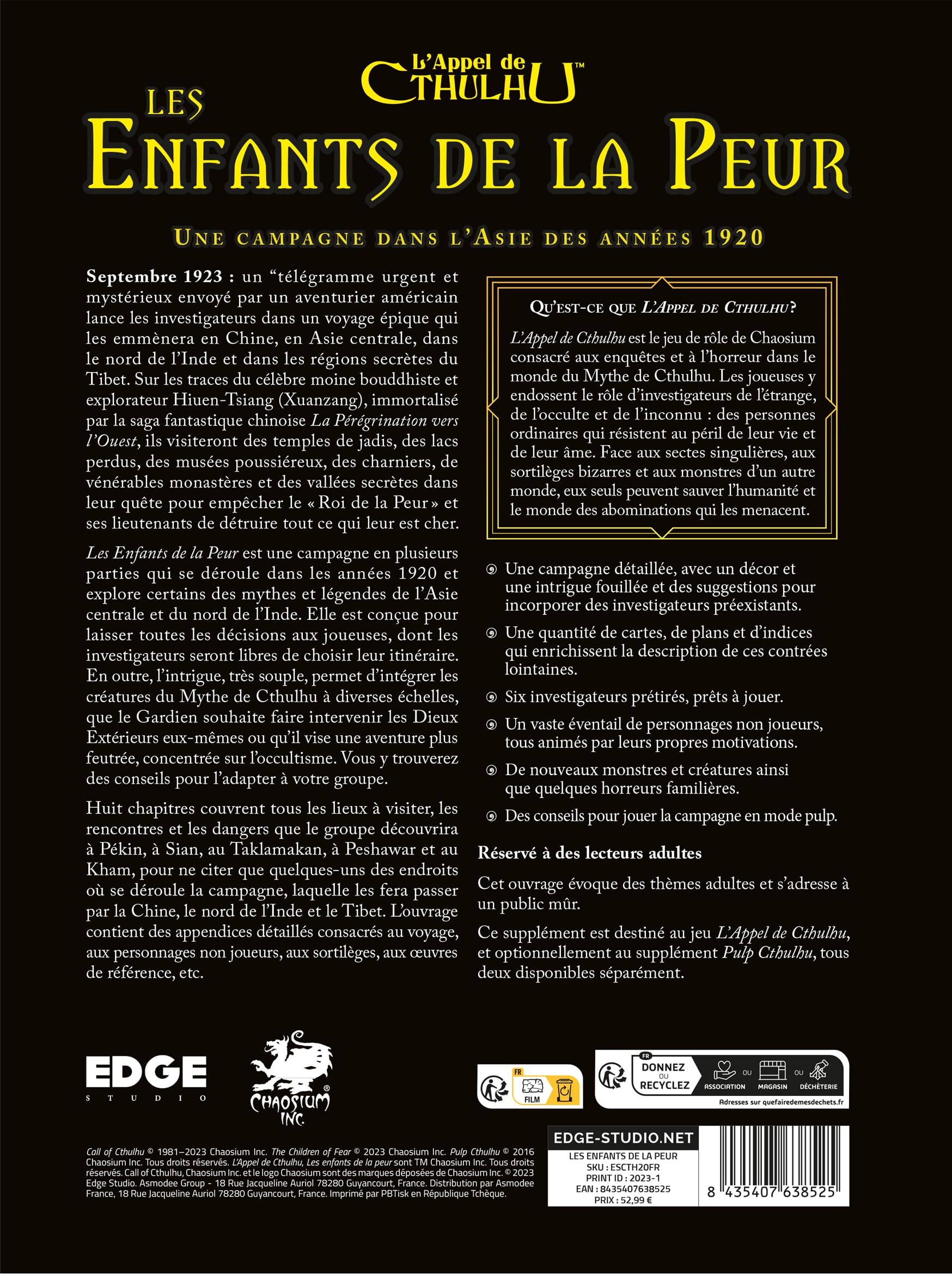 Asmodee - Der Anruf von Cthulhu – Erweiterung Die Kinder der Angst – Gesellschaftsspiel für Erwachsene & ab 14 Jahren – Ermittlungsspiele – Spielbuch – 1 bis 6 Spieler – französische Version – Edge