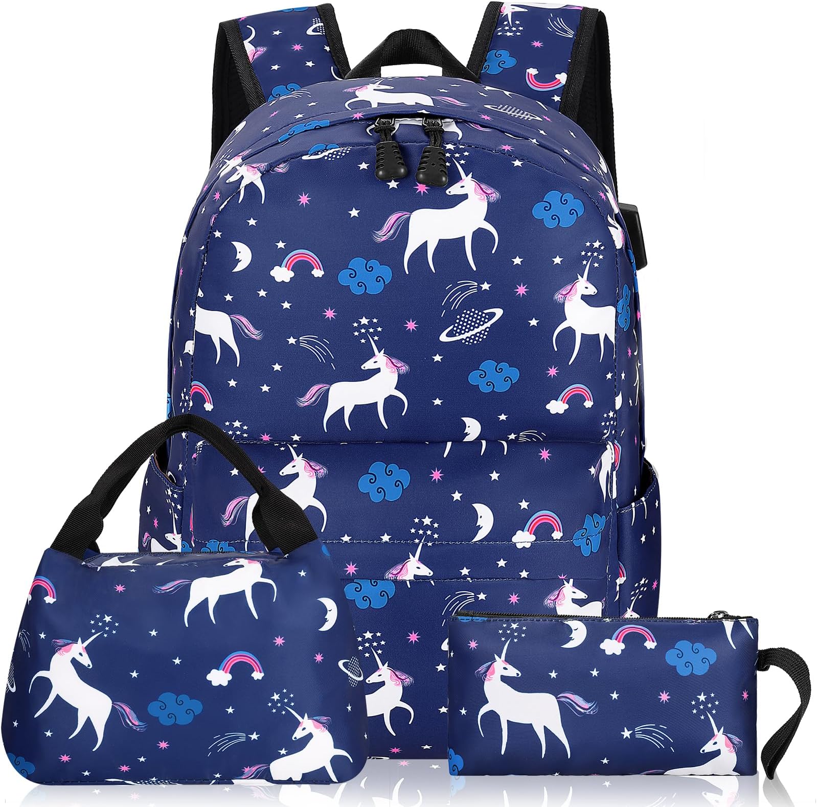 SCIONESchool Backpack for Teen Girls, Cute Canvas Bookbag with USB Charging Port, Back to Shool Supplies Gifts for Kids, Blue, Large