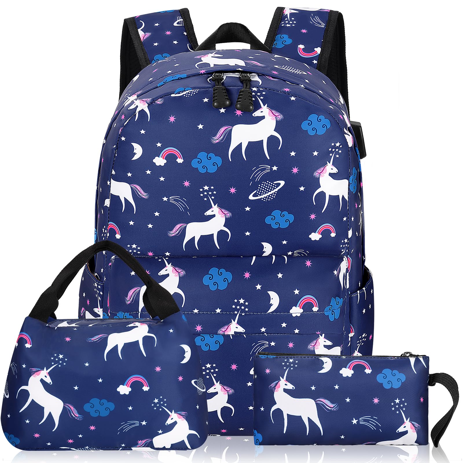 SCIONESchool Backpack for Teen Girls, Cute Canvas Bookbag with USB Charging Port, Back to Shool Supplies Gifts for Kids, Blue, Large