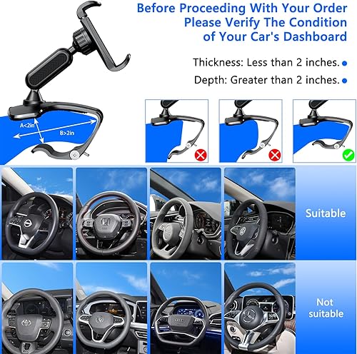 Miniatura 2 de Soporte para clip de teléfono para tablero de automóvil, soporte giratorio de 360 para volante de salpicadero compatible con teléfonos inteligentes