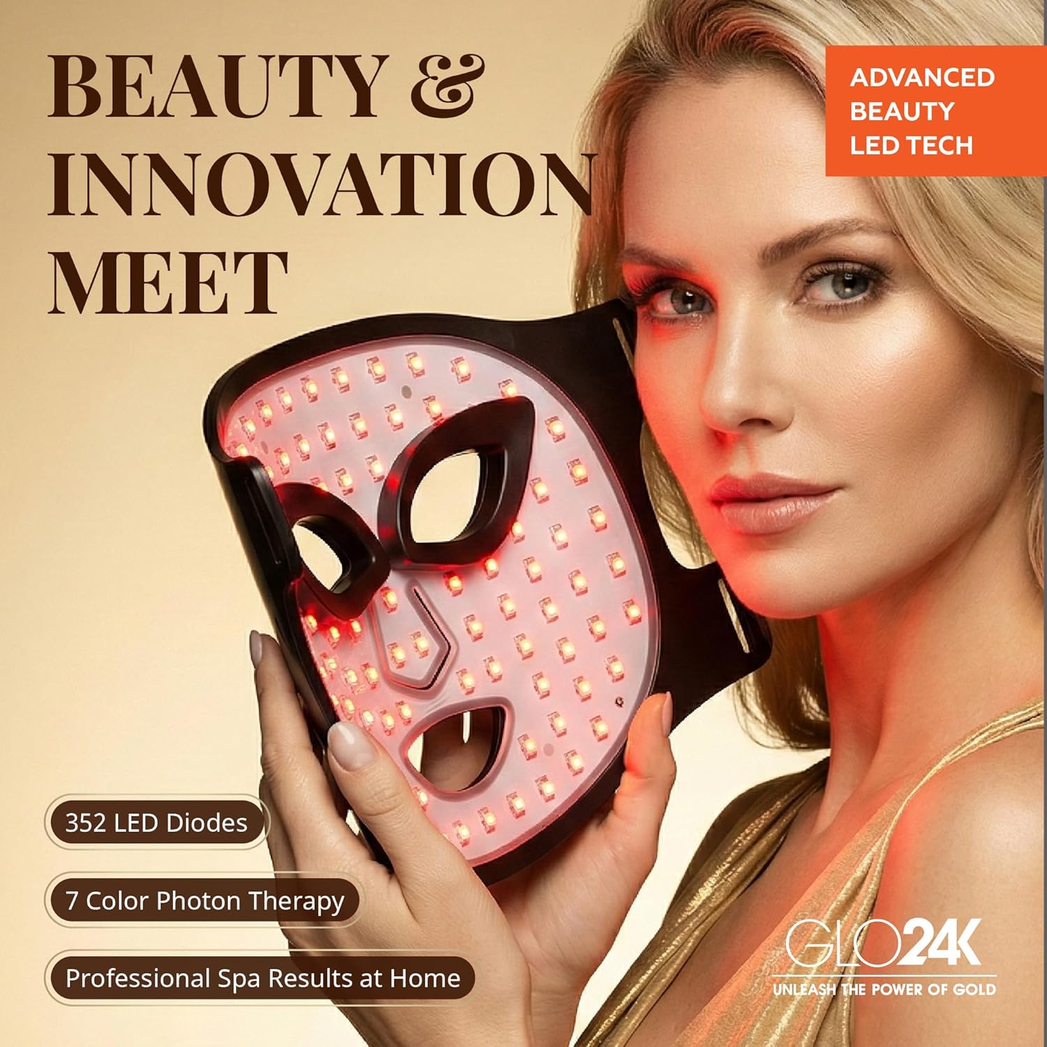 GLO24K LED Face Mask Light Therapy – Red Light Therapy Mask with 7 Colors, 352 LEDs, Infrared Face Light Therapy Device, Rechargeable Facial Mask