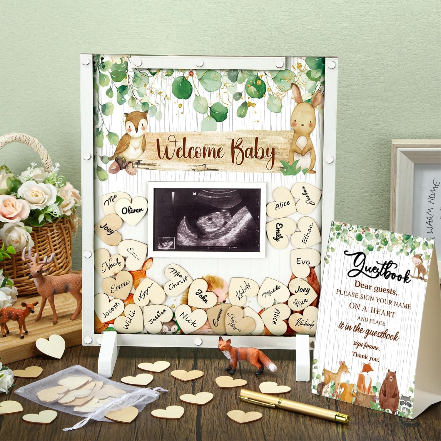 Beeveer 65 Pcs Woodland Baby Shower Guest Book Alternatives He or She Gender Reveal Baby Shower Decorations Animal Sign in Guest Book with Picture Frame and 60 Wooden Chip